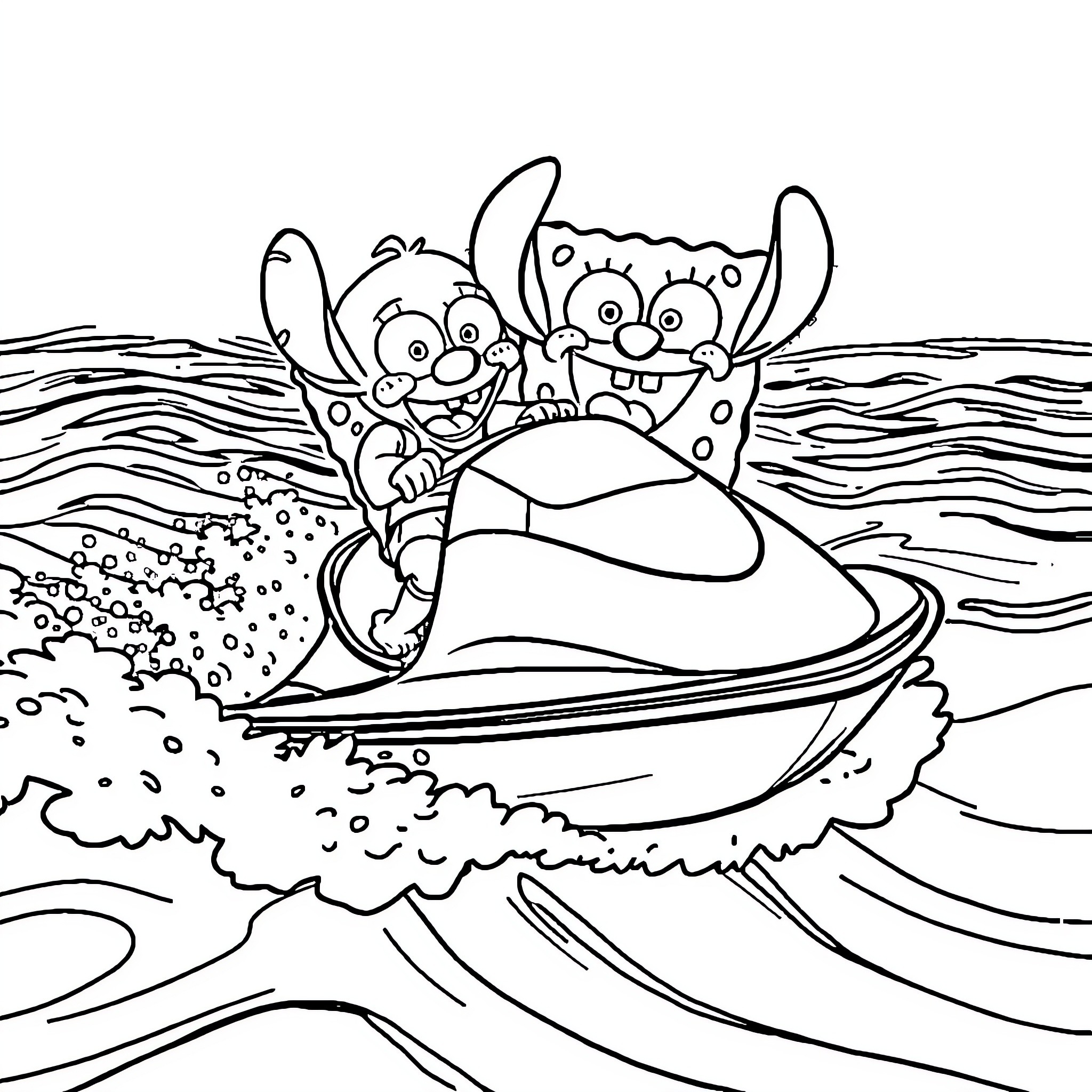 Spongebob and friends surfing joyfully in the waves Coloring Page (free black-and-white line drawing printable PDF for all, from beginners to advanced learners, including children, teens, adults, and seniors)