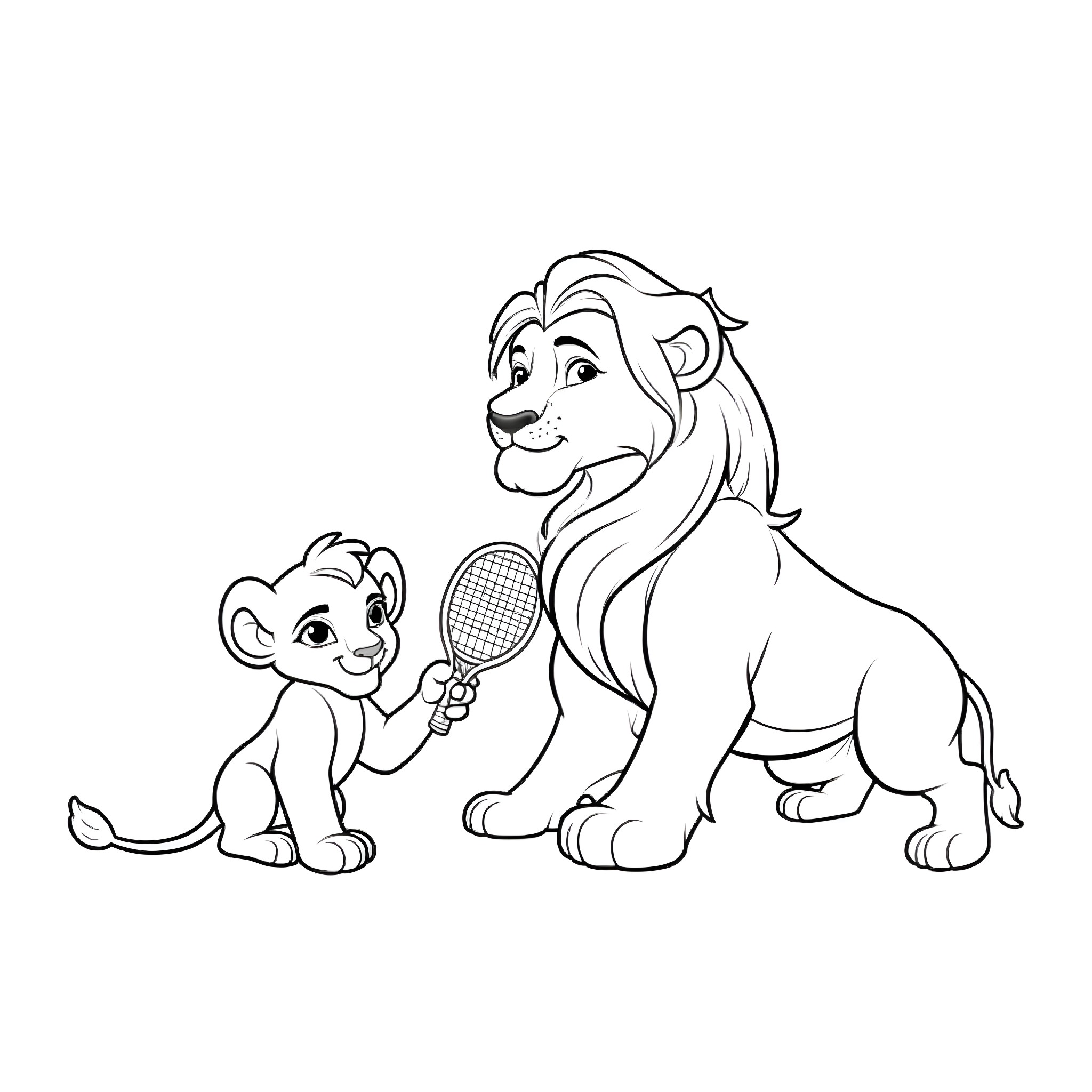 Simba and young Simba playing with tennis racket Coloring Page (free black-and-white line drawing printable PDF for all, from beginners to advanced learners, including children, teens, adults, and seniors)