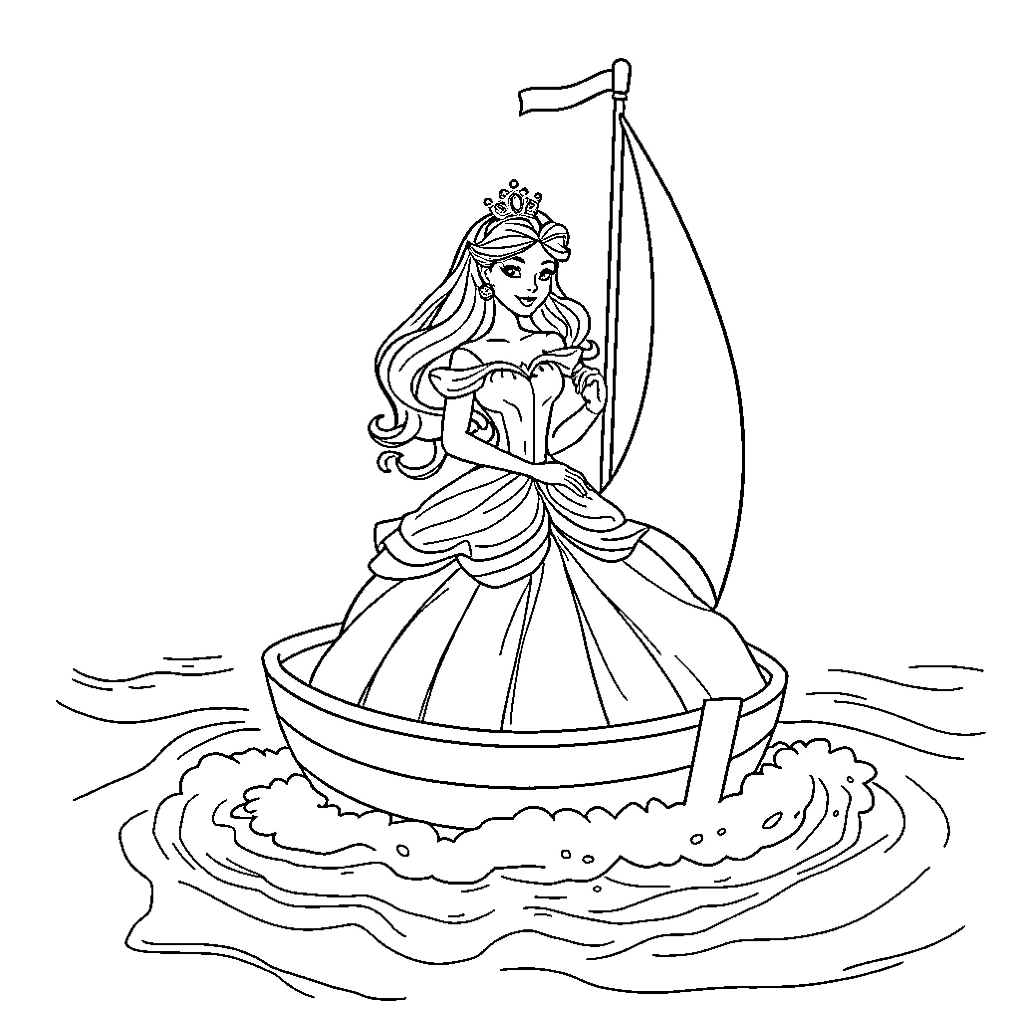 Princess sailing serenely on a boat Coloring Page (free black-and-white line drawing printable PDF for all, from beginners to advanced learners, including children, teens, adults, and seniors)