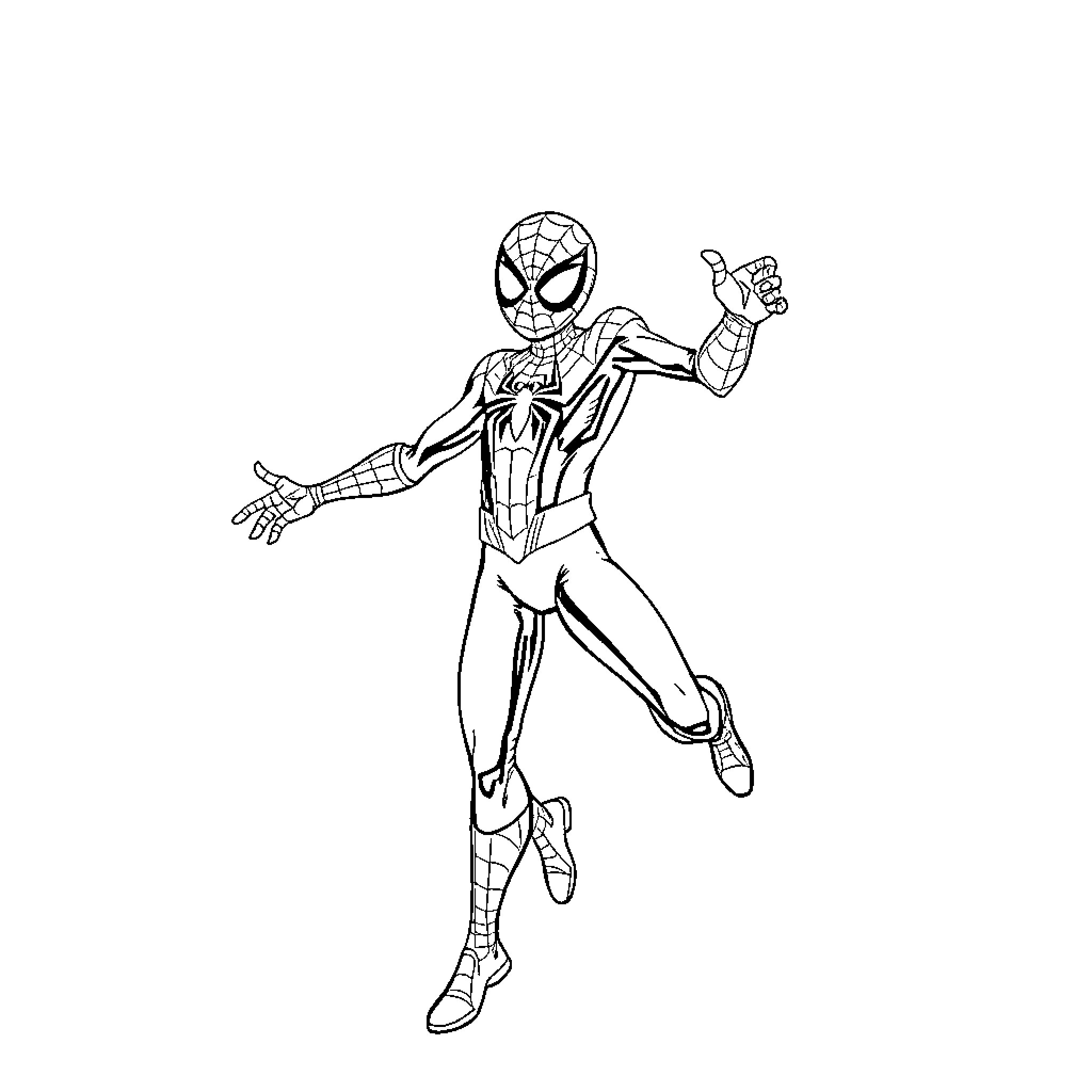 Spiderman swinging into action with web-slinging heroics Coloring Page (free black-and-white line drawing printable PDF for all, from beginners to advanced learners, including children, teens, adults, and seniors)