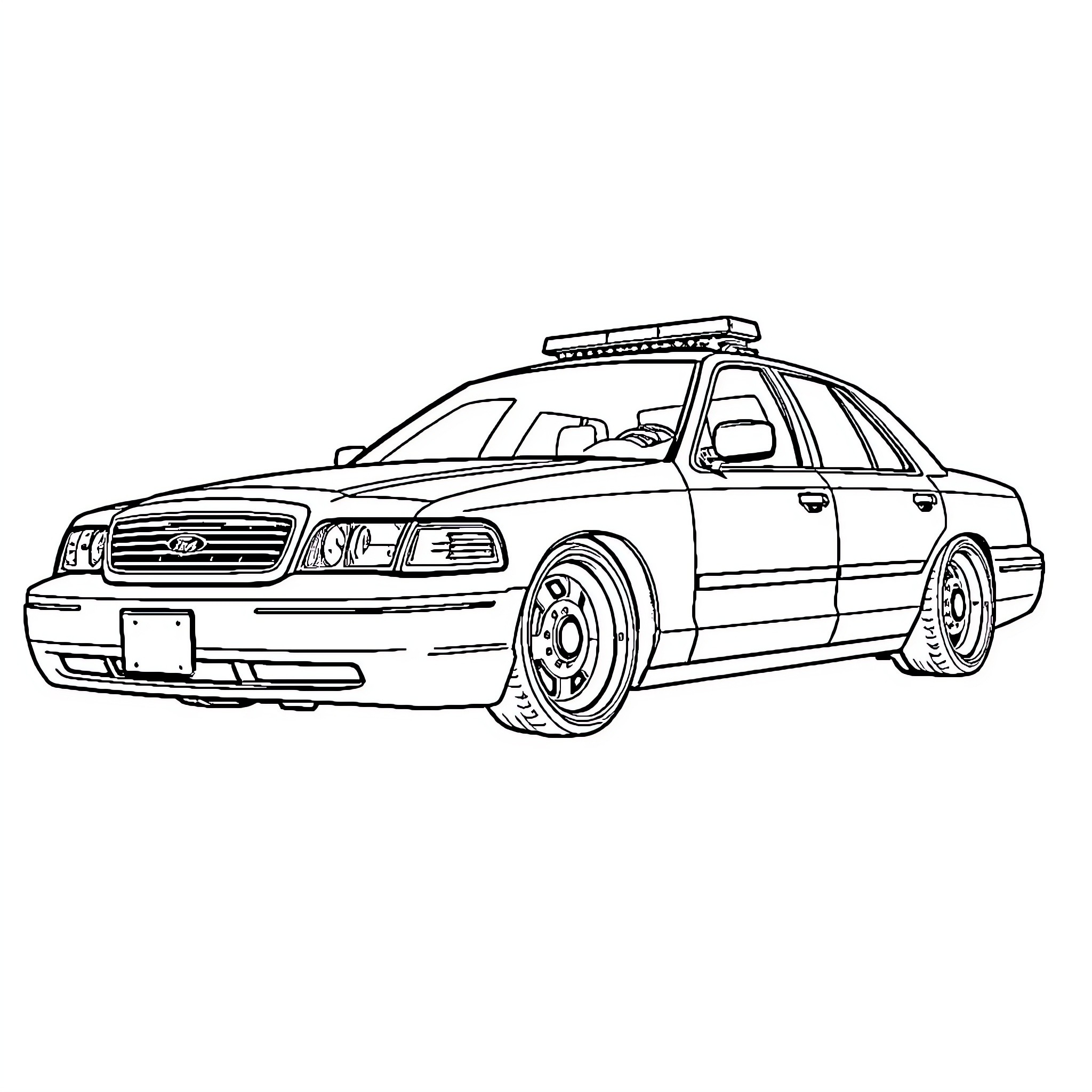 Ford Crown Victoria Police Car with Emergency Lights Coloring Page (free black-and-white line drawing printable PDF for all, from beginners to advanced learners, including children, teens, adults, and seniors)