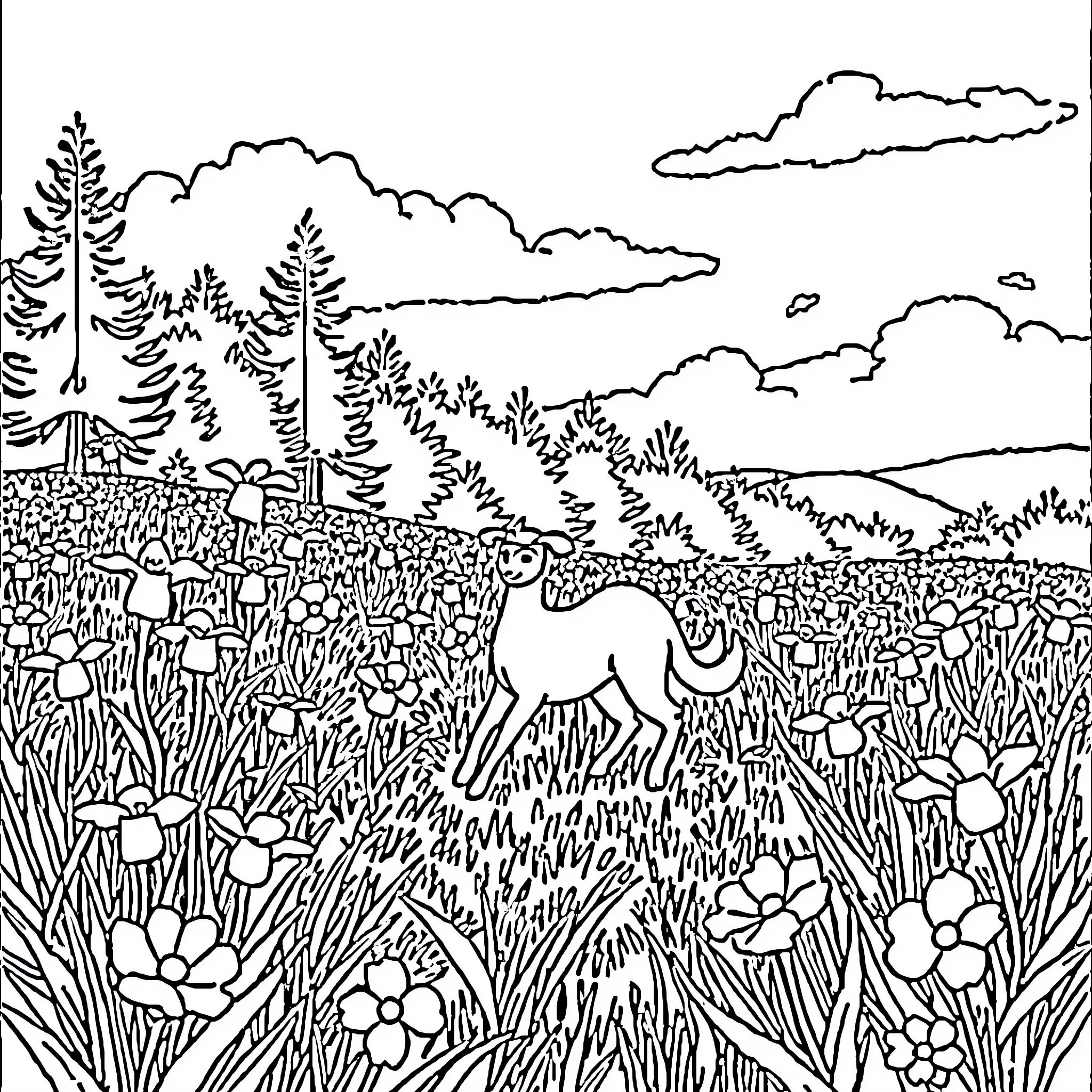 Samurai Warrior Amid Serene Nature Landscape Coloring Page (free black-and-white line drawing printable PDF for all, from beginners to advanced learners, including children, teens, adults, and seniors)