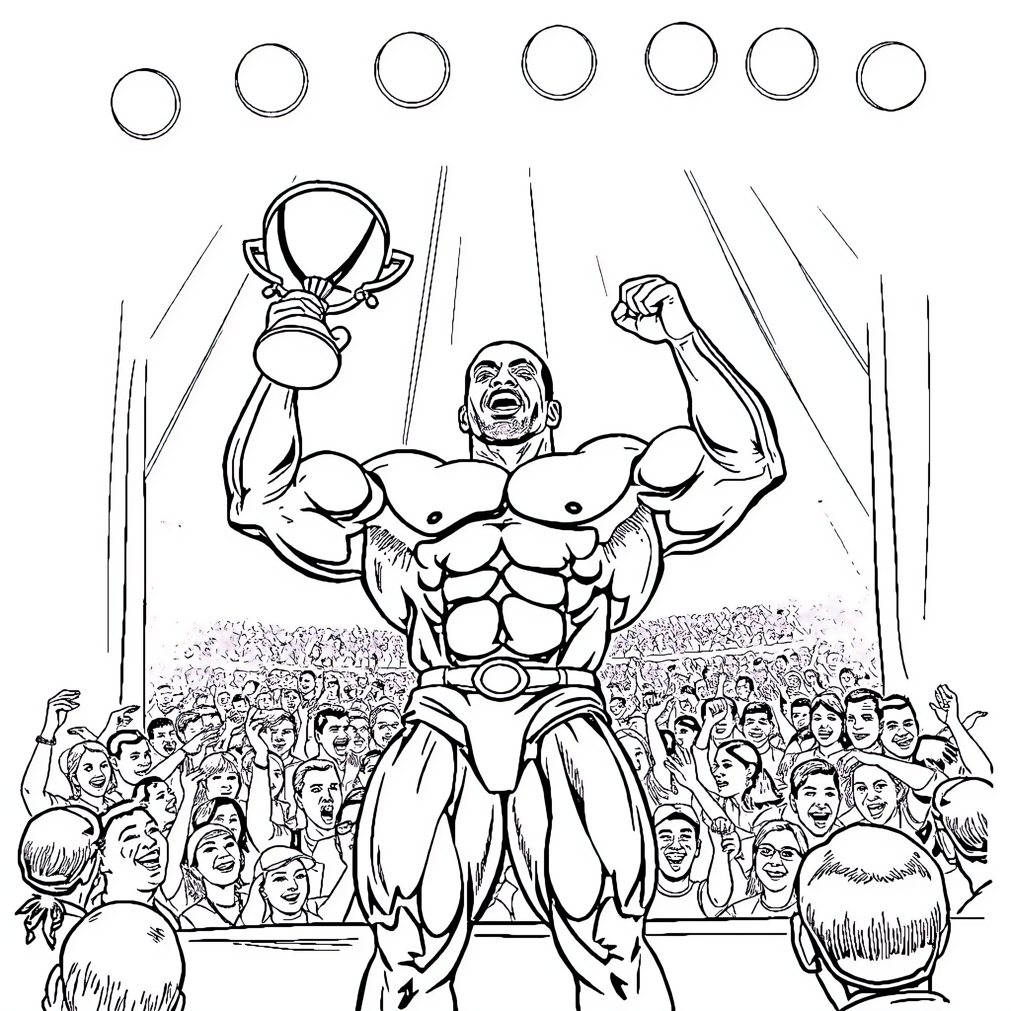 Ronnie Coleman posing triumphantly before a cheering crowd Coloring Page (free black-and-white line drawing printable PDF for all, from beginners to advanced learners, including children, teens, adults, and seniors)