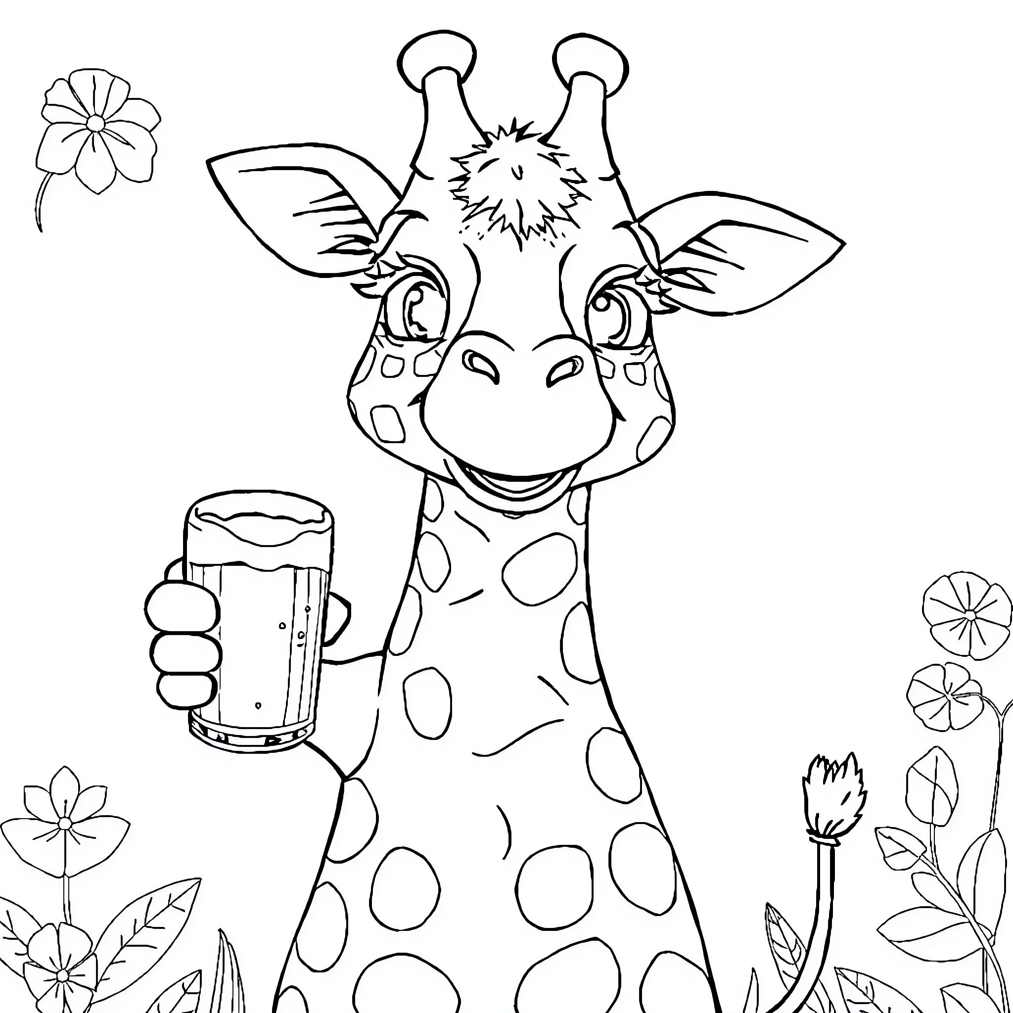 Ape Giraffe drinking refreshing beverage in nature Coloring Page (free black-and-white line drawing printable PDF for all, from beginners to advanced learners, including children, teens, adults, and seniors)