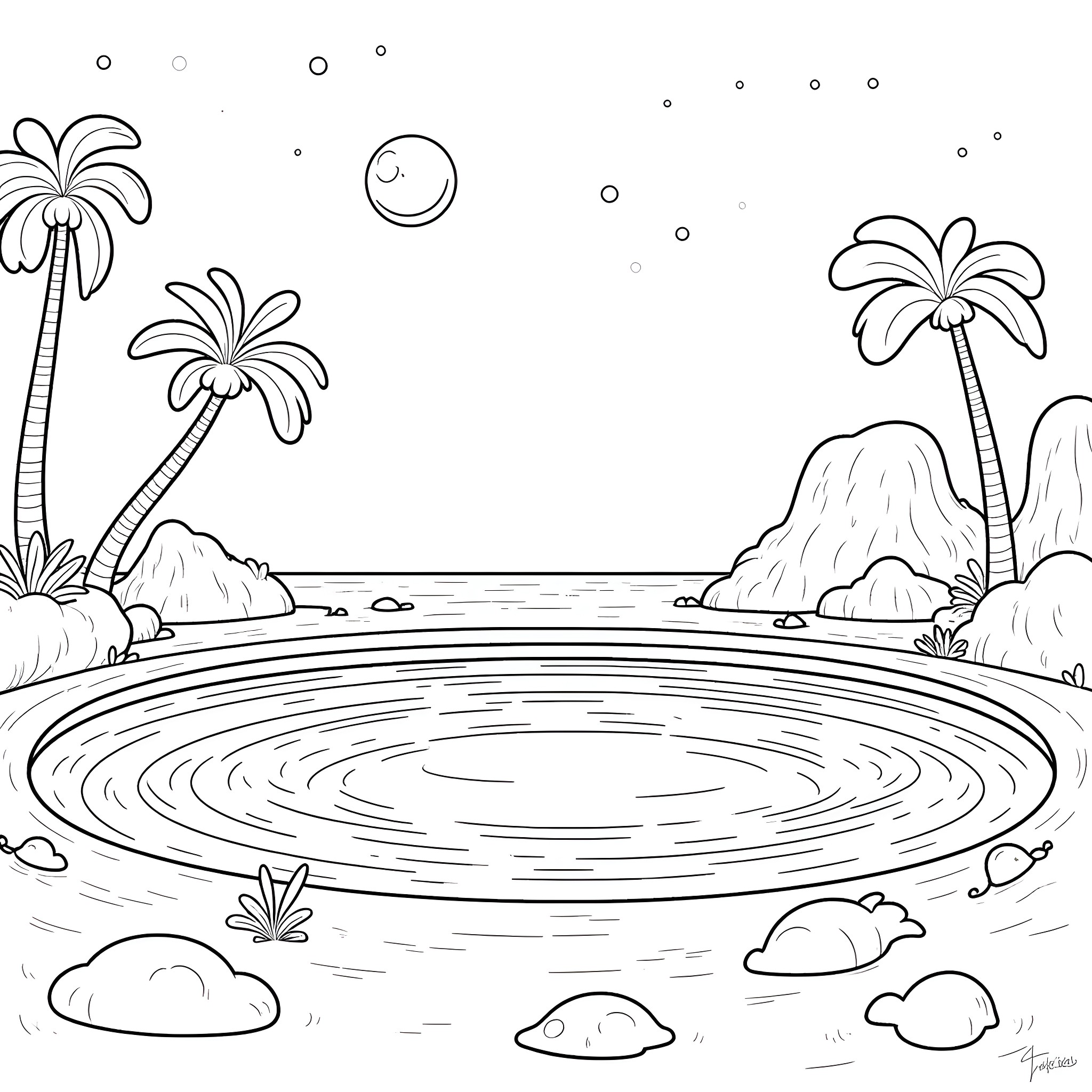 Moon Pool with Tropical Landscape Coloring Page (free black-and-white line drawing printable PDF for all, from beginners to advanced learners, including children, teens, adults, and seniors)