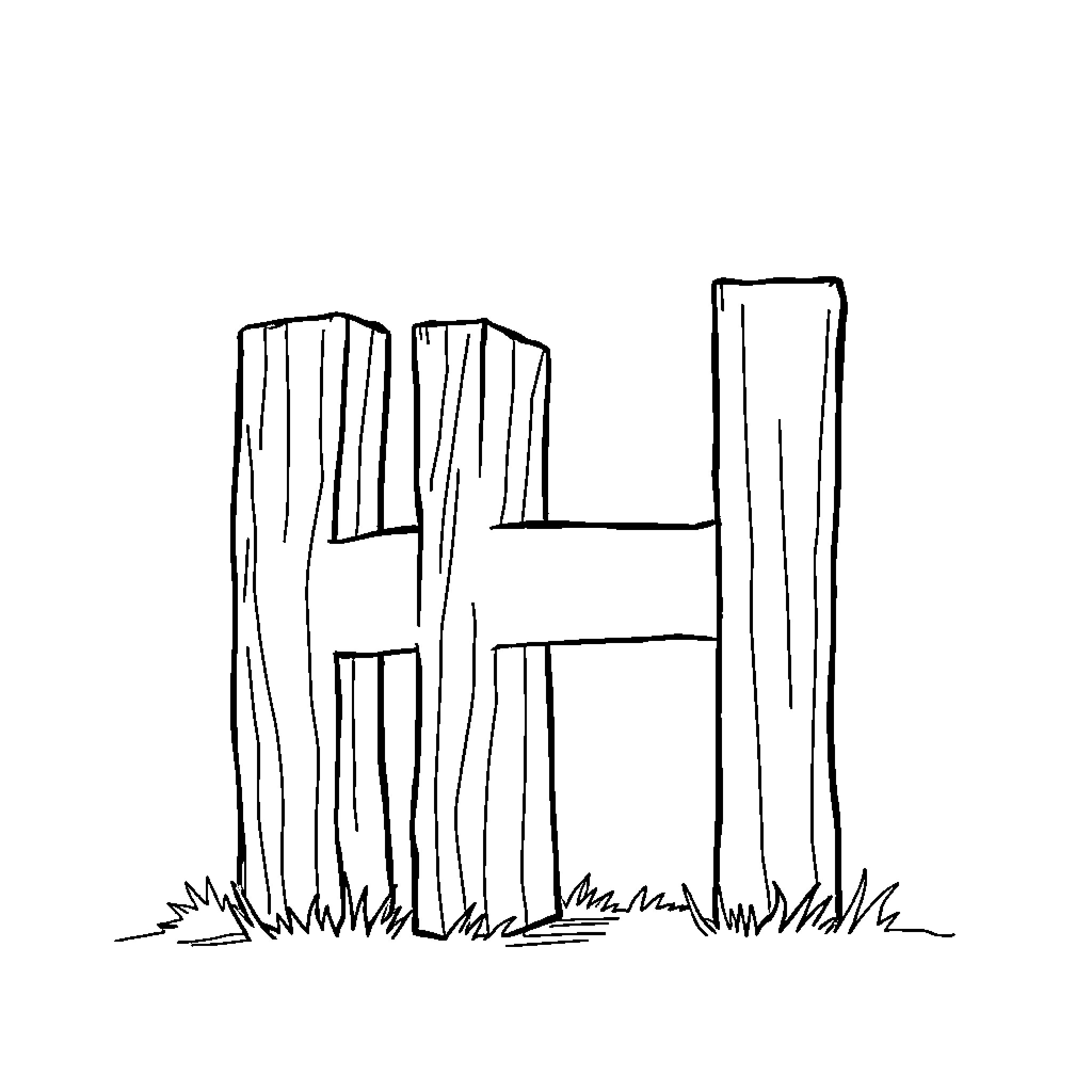 Letter H Formed by Wooden Posts in Grass Coloring Page (free black-and-white line drawing printable PDF for all, from beginners to advanced learners, including children, teens, adults, and seniors)