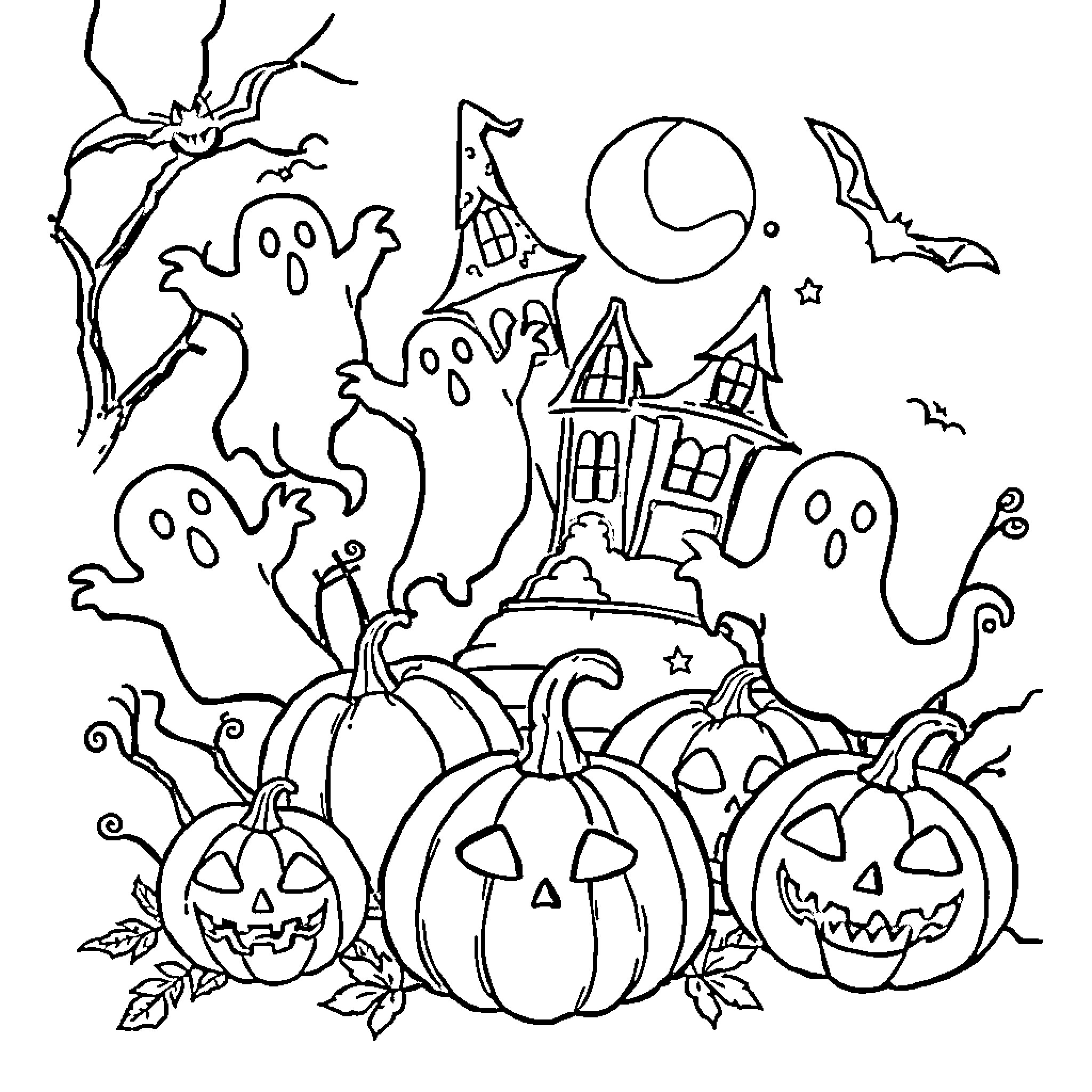Halloween fun with haunted house and spooky decorations Coloring Page (free black-and-white line drawing printable PDF for all, from beginners to advanced learners, including children, teens, adults, and seniors)