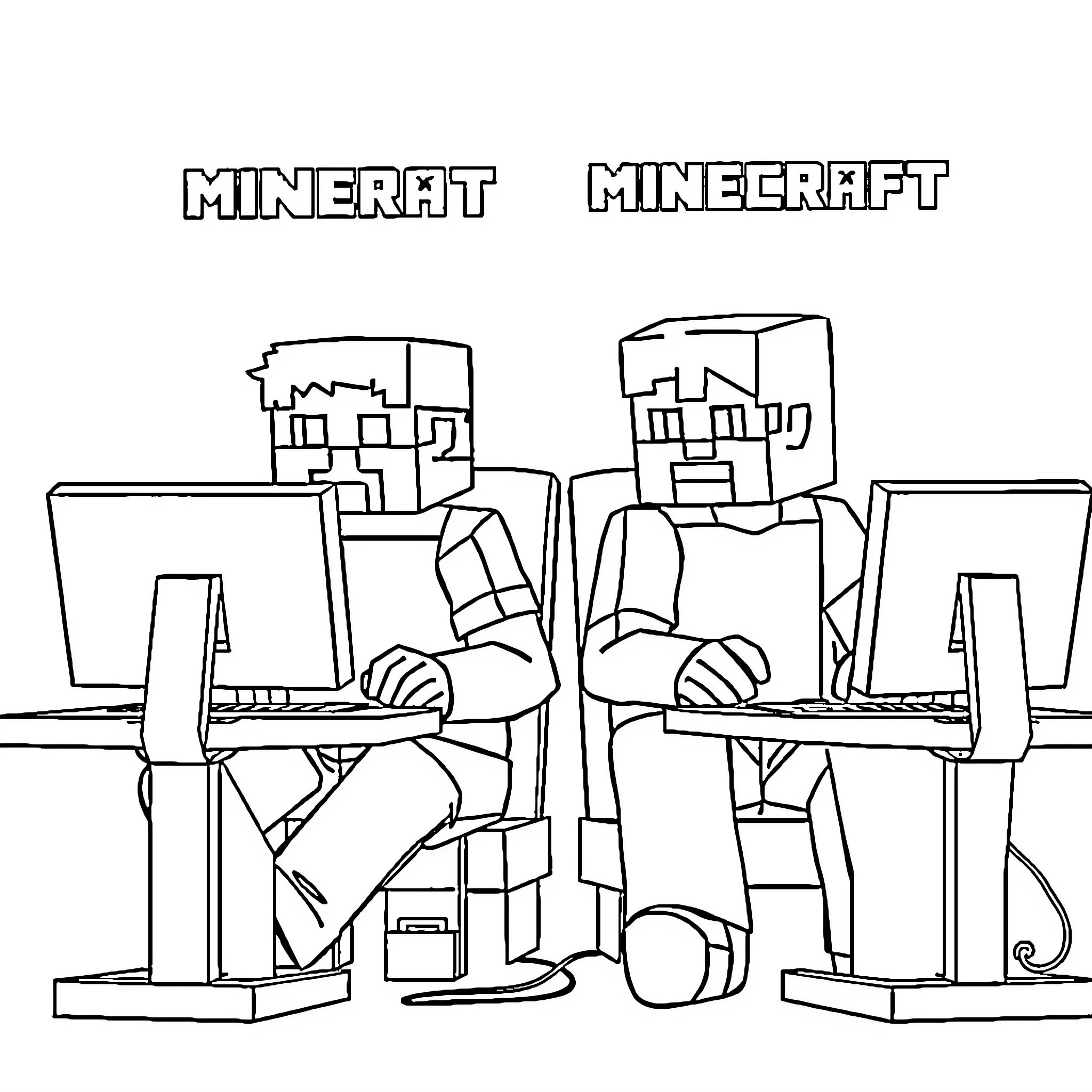 People playing Minecraft video game on computers Coloring Page (free black-and-white line drawing printable PDF for all, from beginners to advanced learners, including children, teens, adults, and seniors)