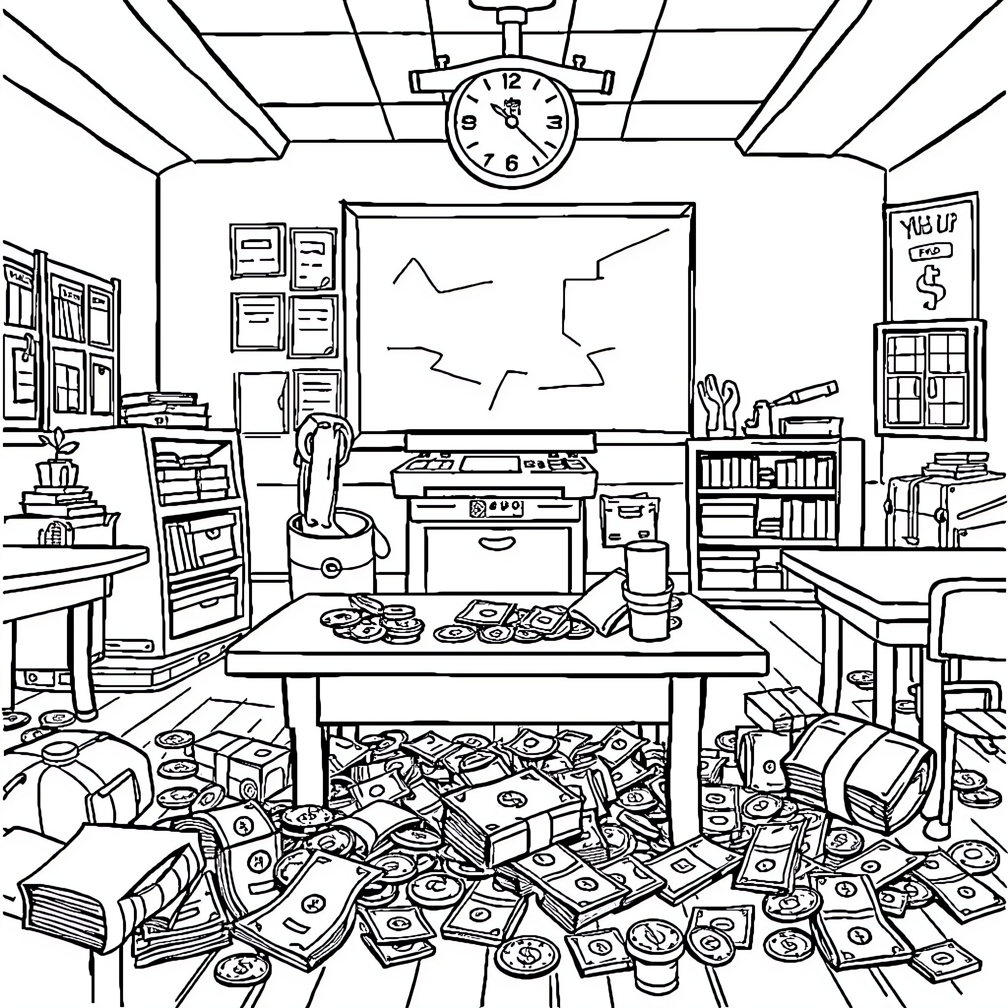 Money Scattered Everywhere in Cluttered Classroom Coloring Page (free black-and-white line drawing printable PDF for all, from beginners to advanced learners, including children, teens, adults, and seniors)