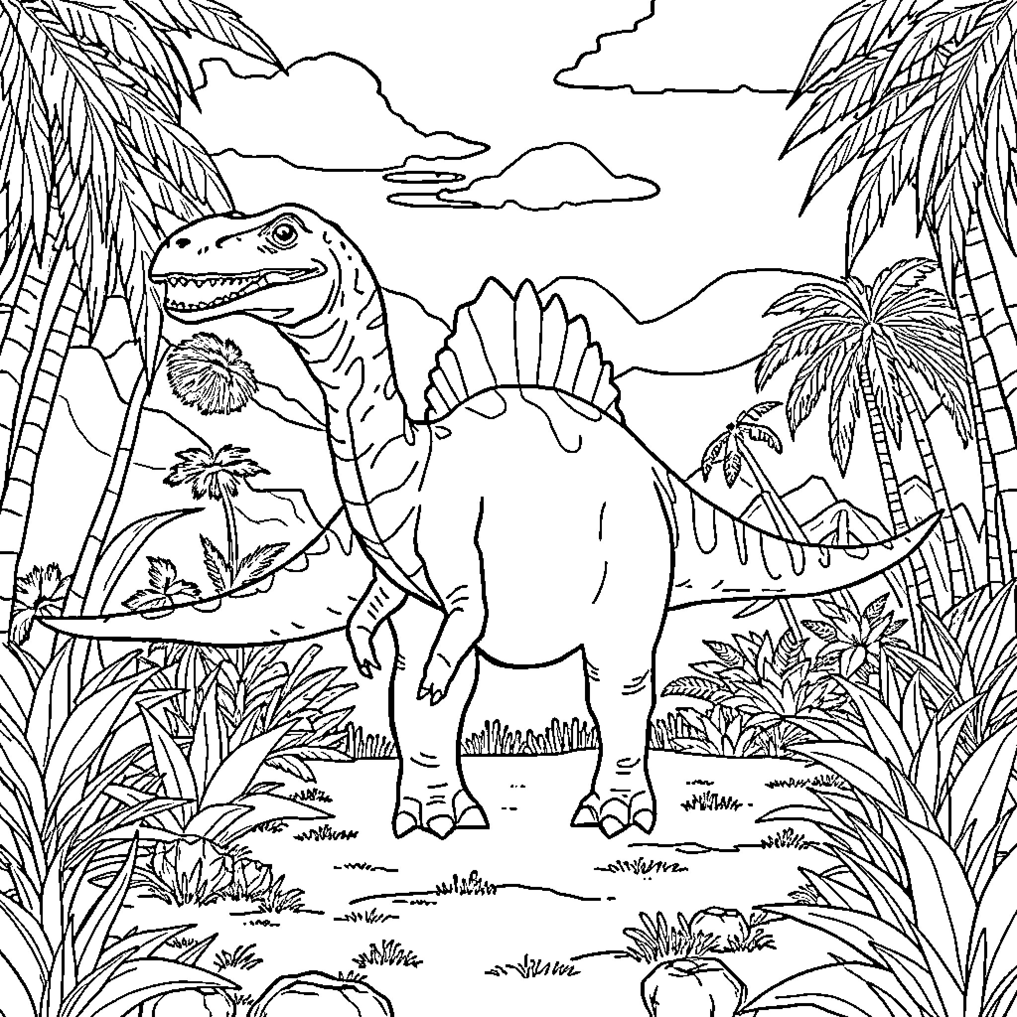 Corythosaurus in the Prehistoric Landscape Coloring Page (free black-and-white line drawing printable PDF for all, from beginners to advanced learners, including children, teens, adults, and seniors)