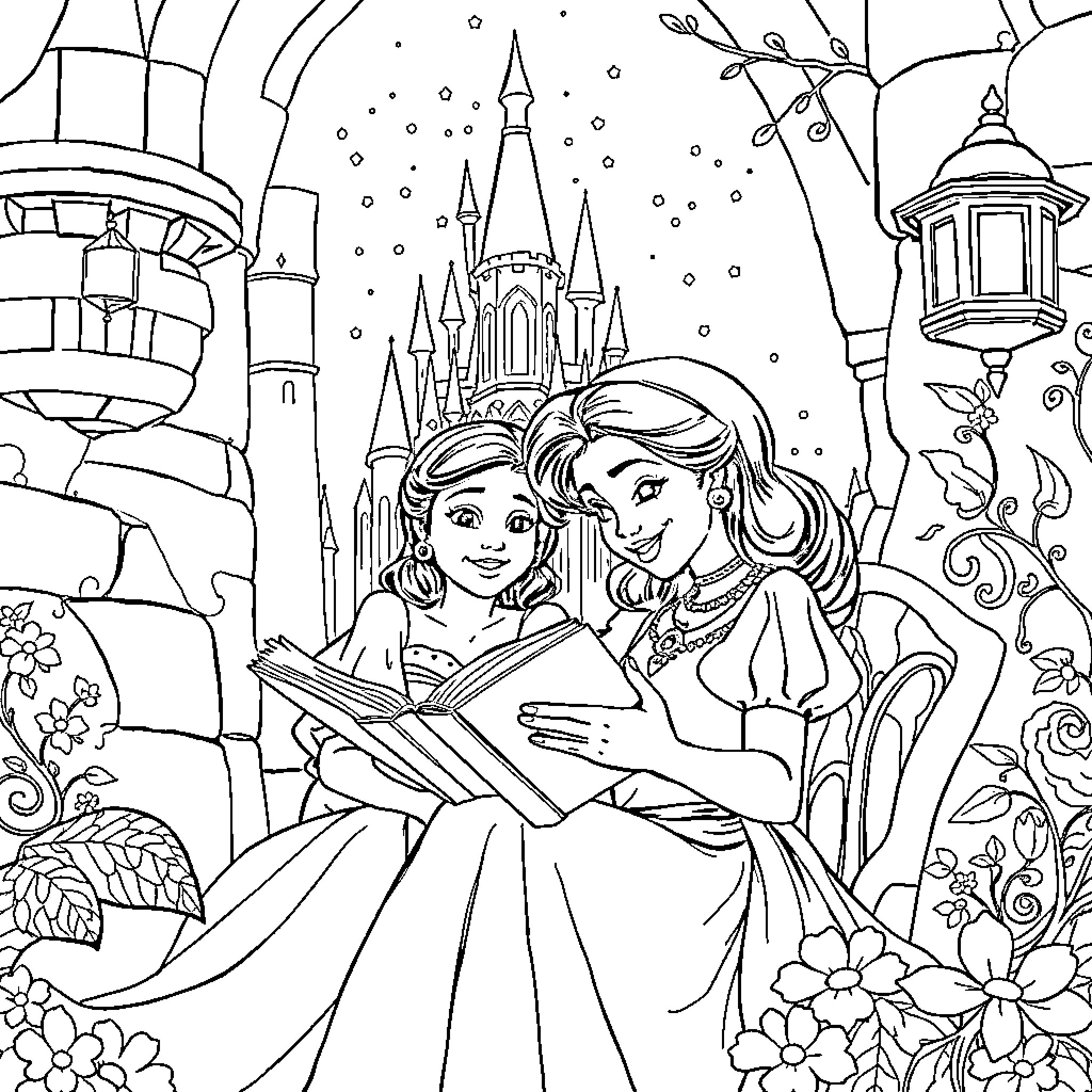Snow White and the Princess Reading in the Castle Garden Coloring Page (free black-and-white line drawing printable PDF for all, from beginners to advanced learners, including children, teens, adults, and seniors)