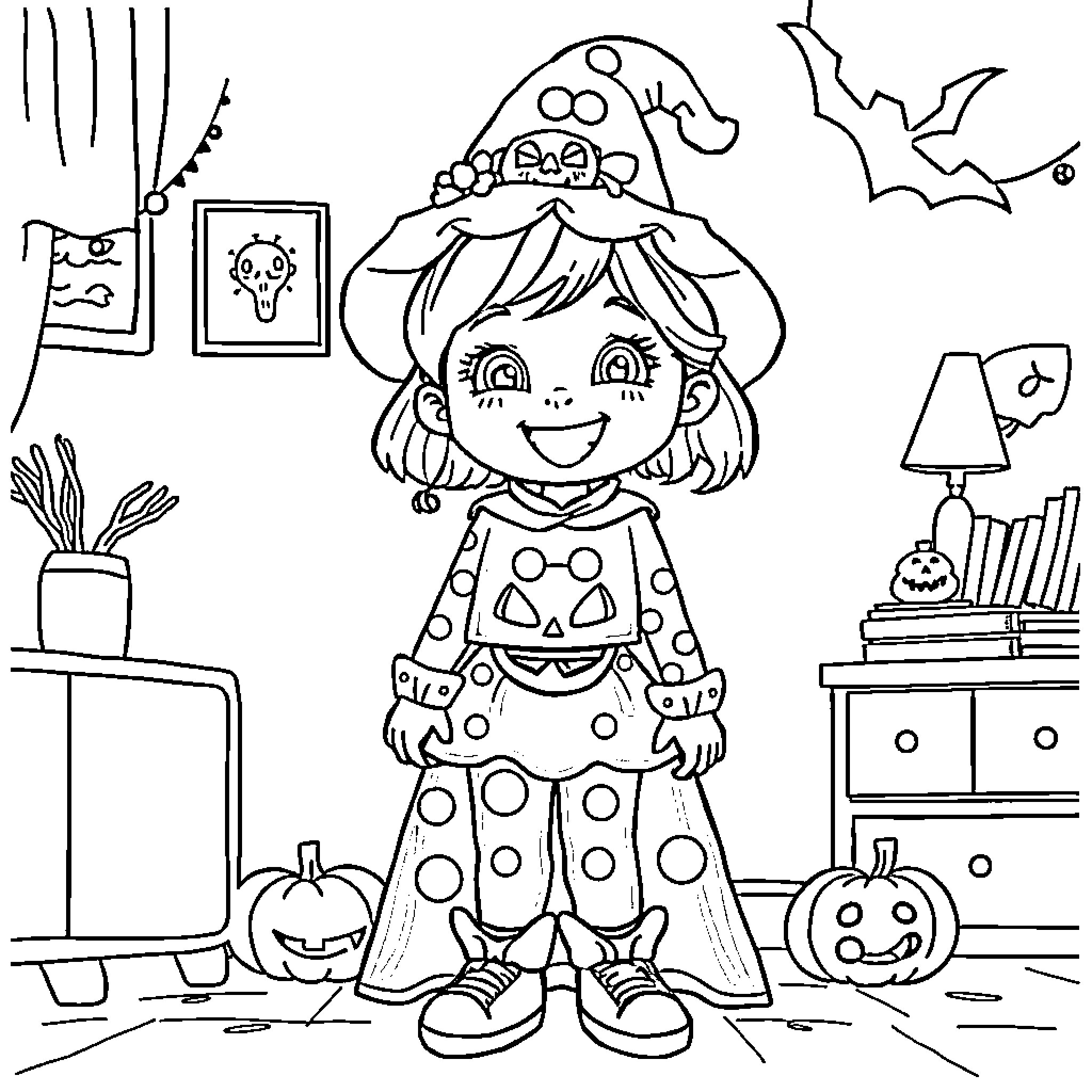 Girl dressed in Halloween costume in spooky room Coloring Page (free black-and-white line drawing printable PDF for all, from beginners to advanced learners, including children, teens, adults, and seniors)