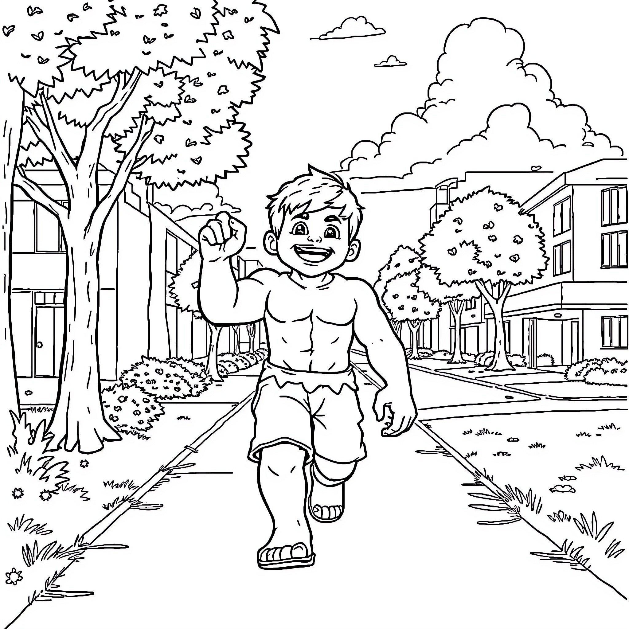 Bébé Hulk playing energetically in the city park Coloring Page (free black-and-white line drawing printable PDF for all, from beginners to advanced learners, including children, teens, adults, and seniors)