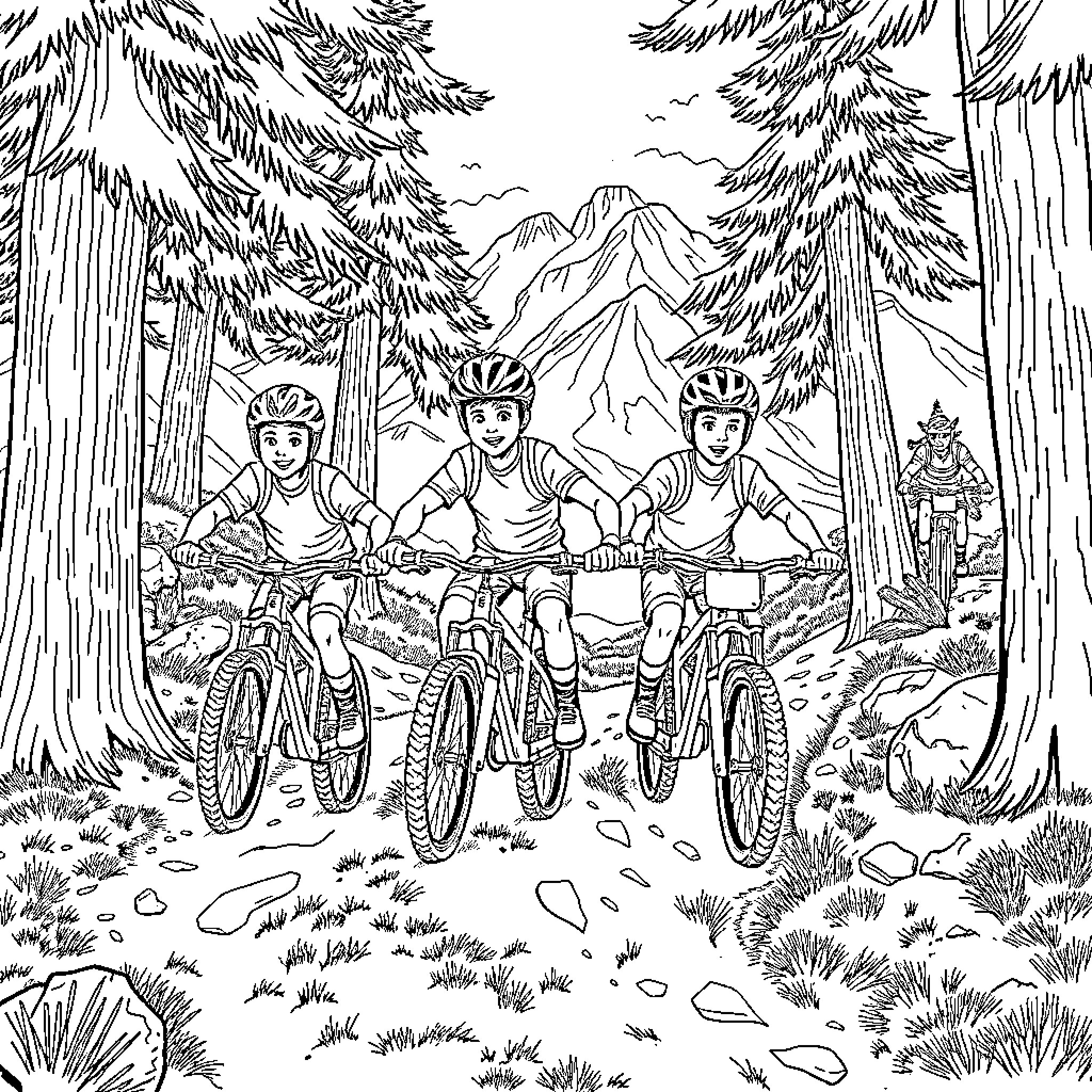 VTT Cyclists Explore Scenic Mountain Trail Coloring Page (free black-and-white line drawing printable PDF for all, from beginners to advanced learners, including children, teens, adults, and seniors)