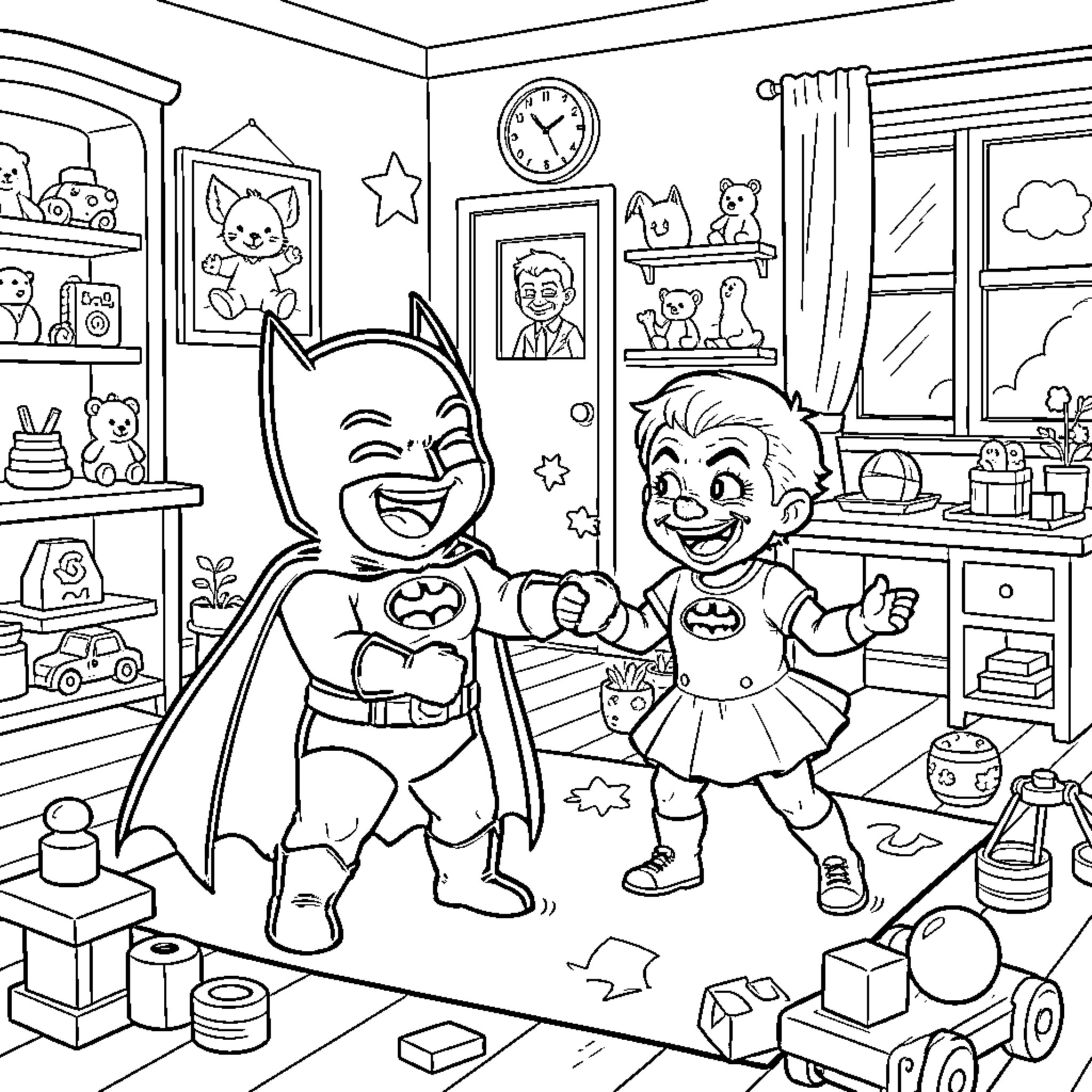 Batman and Joker Playing Together in Toy Room Coloring Page (free black-and-white line drawing printable PDF for all, from beginners to advanced learners, including children, teens, adults, and seniors)