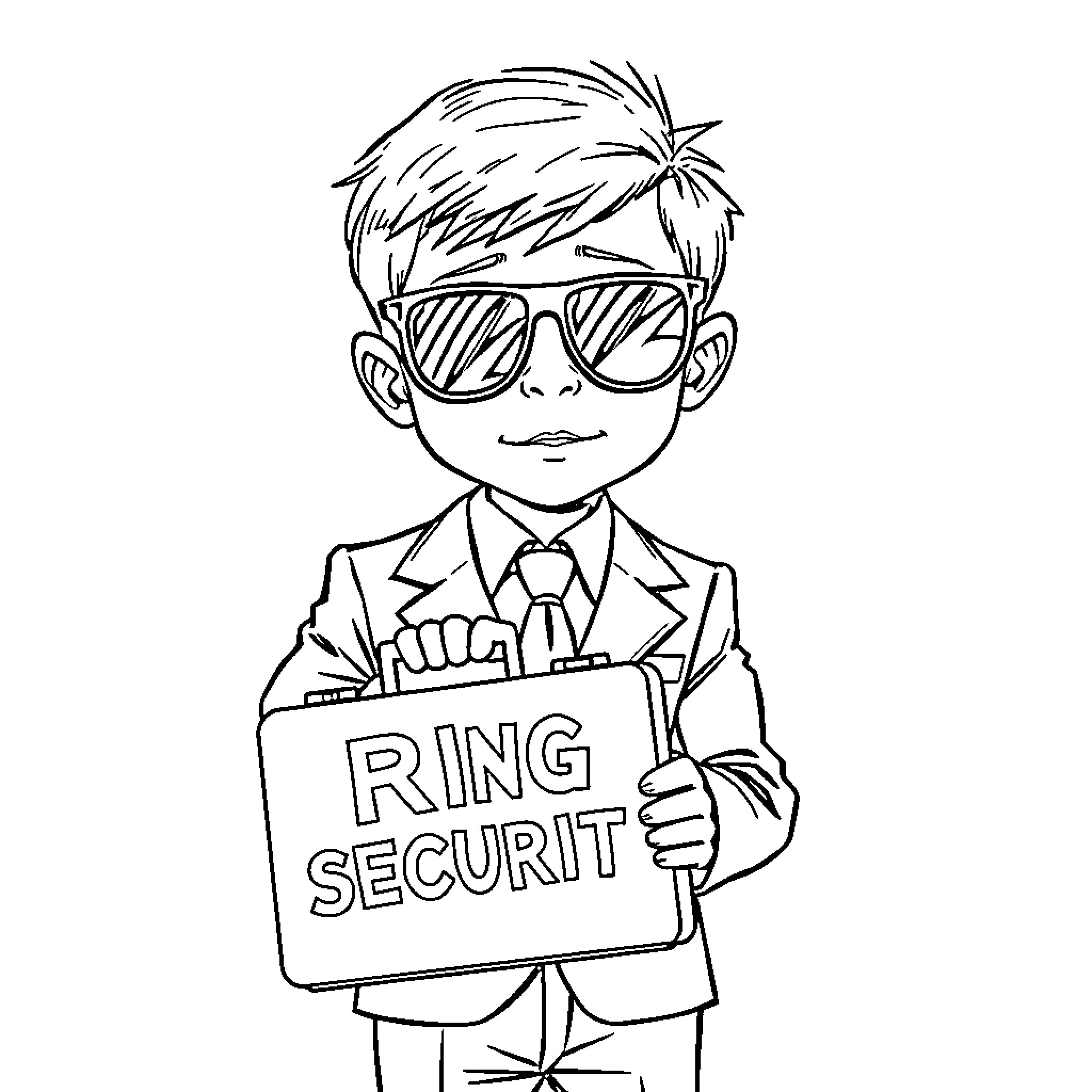 Boy in Suit Holding Ring Security Sign Coloring Page (free black-and-white line drawing printable PDF for all, from beginners to advanced learners, including children, teens, adults, and seniors)