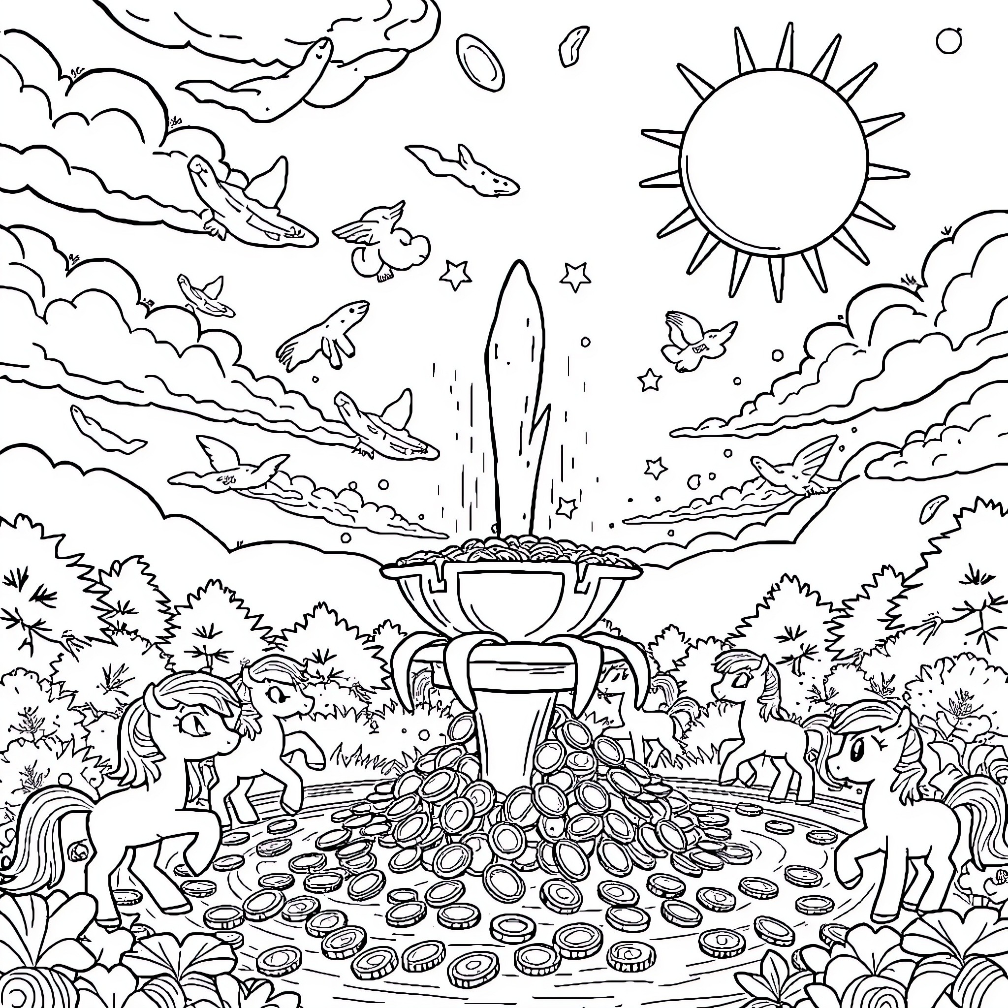Coin-themed Fantasy Landscape with Mythical Creatures Coloring Page (free black-and-white line drawing printable PDF for all, from beginners to advanced learners, including children, teens, adults, and seniors)