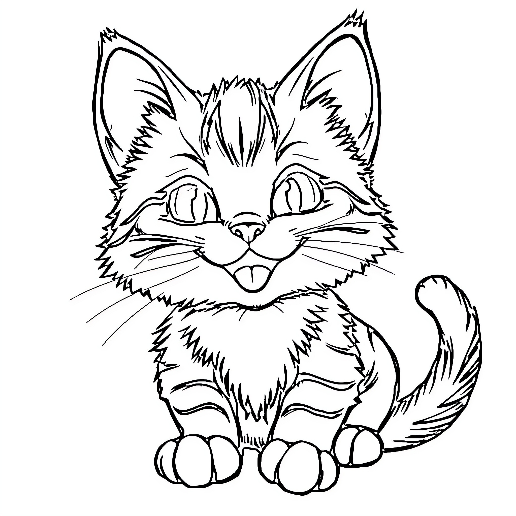Kitty Sitting Cutely Coloring Page (free black-and-white line drawing printable PDF for all, from beginners to advanced learners, including children, teens, adults, and seniors)