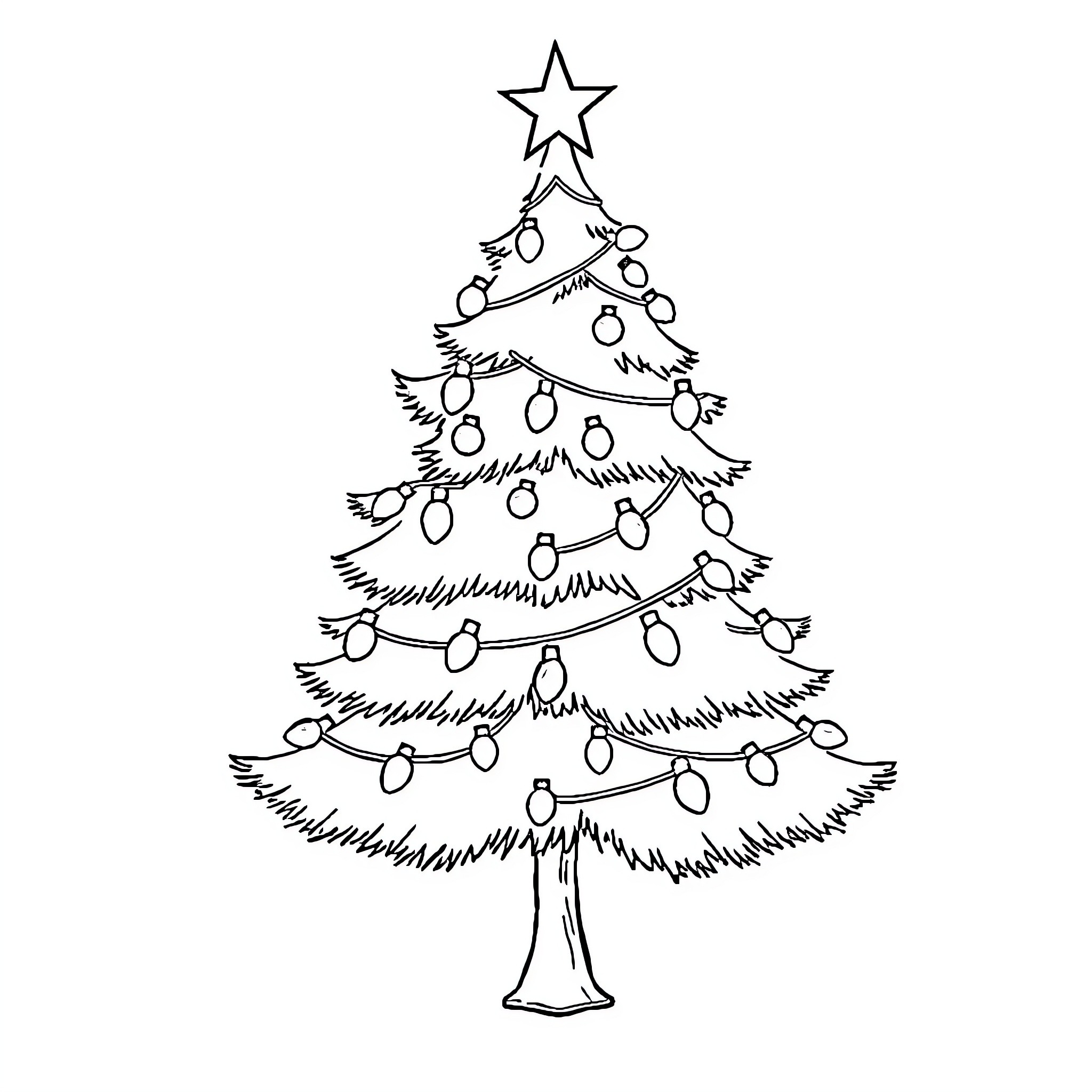 Christmas Tree decorated with twinkling lights Coloring Page (free black-and-white line drawing printable PDF for all, from beginners to advanced learners, including children, teens, adults, and seniors)
