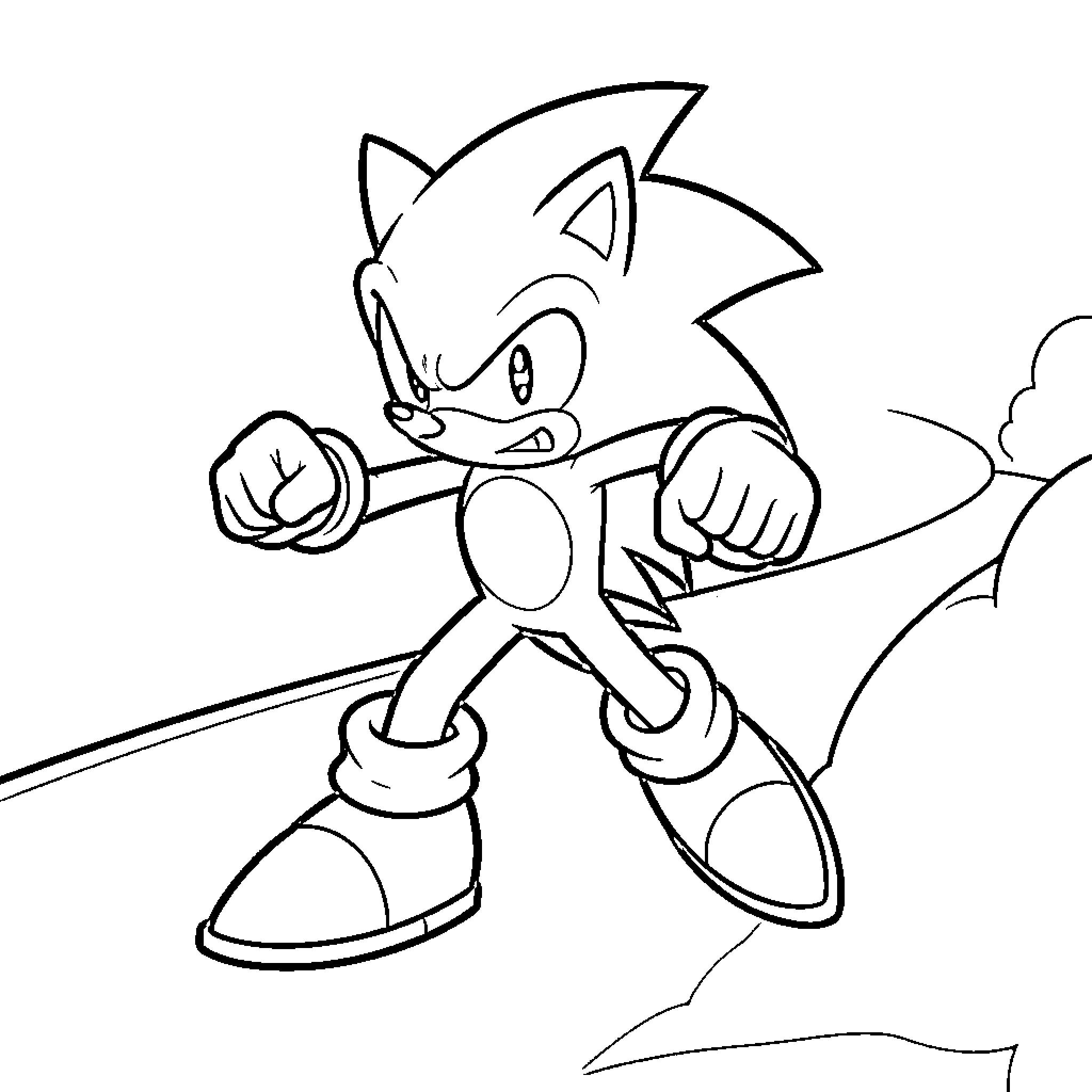 Sonic standing in a powerful fighting stance Coloring Page (free black-and-white line drawing printable PDF for all, from beginners to advanced learners, including children, teens, adults, and seniors)