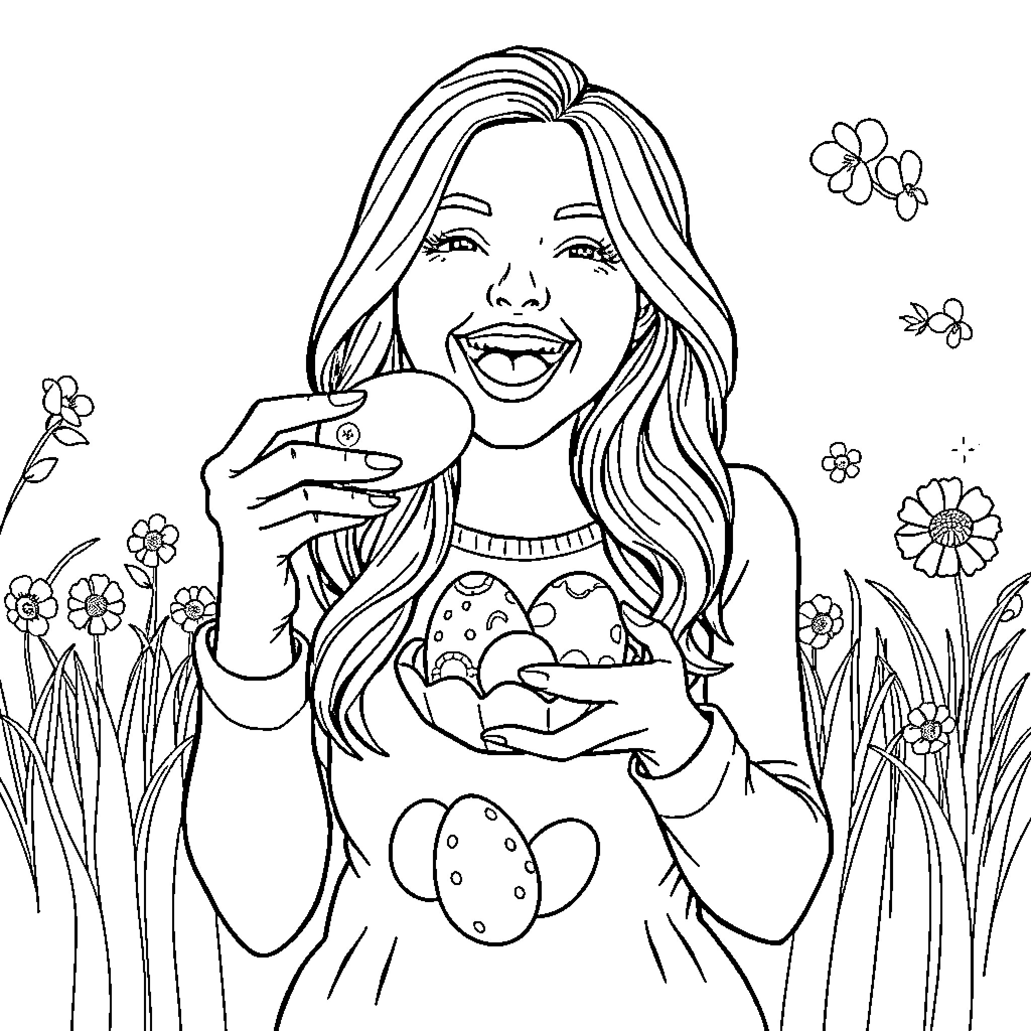 Woman enjoying easter eggs in floral field Coloring Page (free black-and-white line drawing printable PDF for all, from beginners to advanced learners, including children, teens, adults, and seniors)