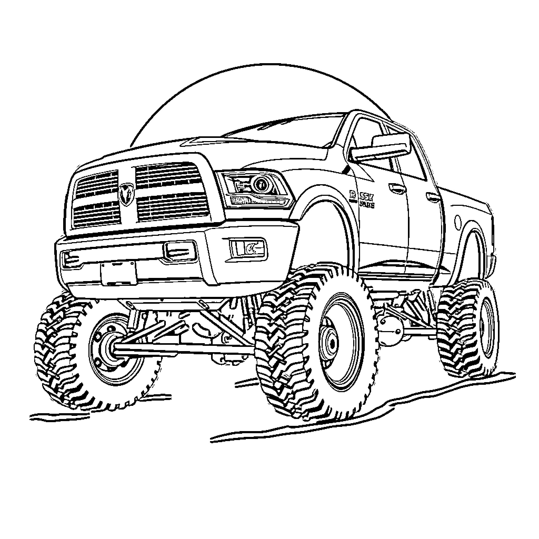 Ram off-road truck with large tires Coloring Page (free black-and-white line drawing printable PDF for all, from beginners to advanced learners, including children, teens, adults, and seniors)