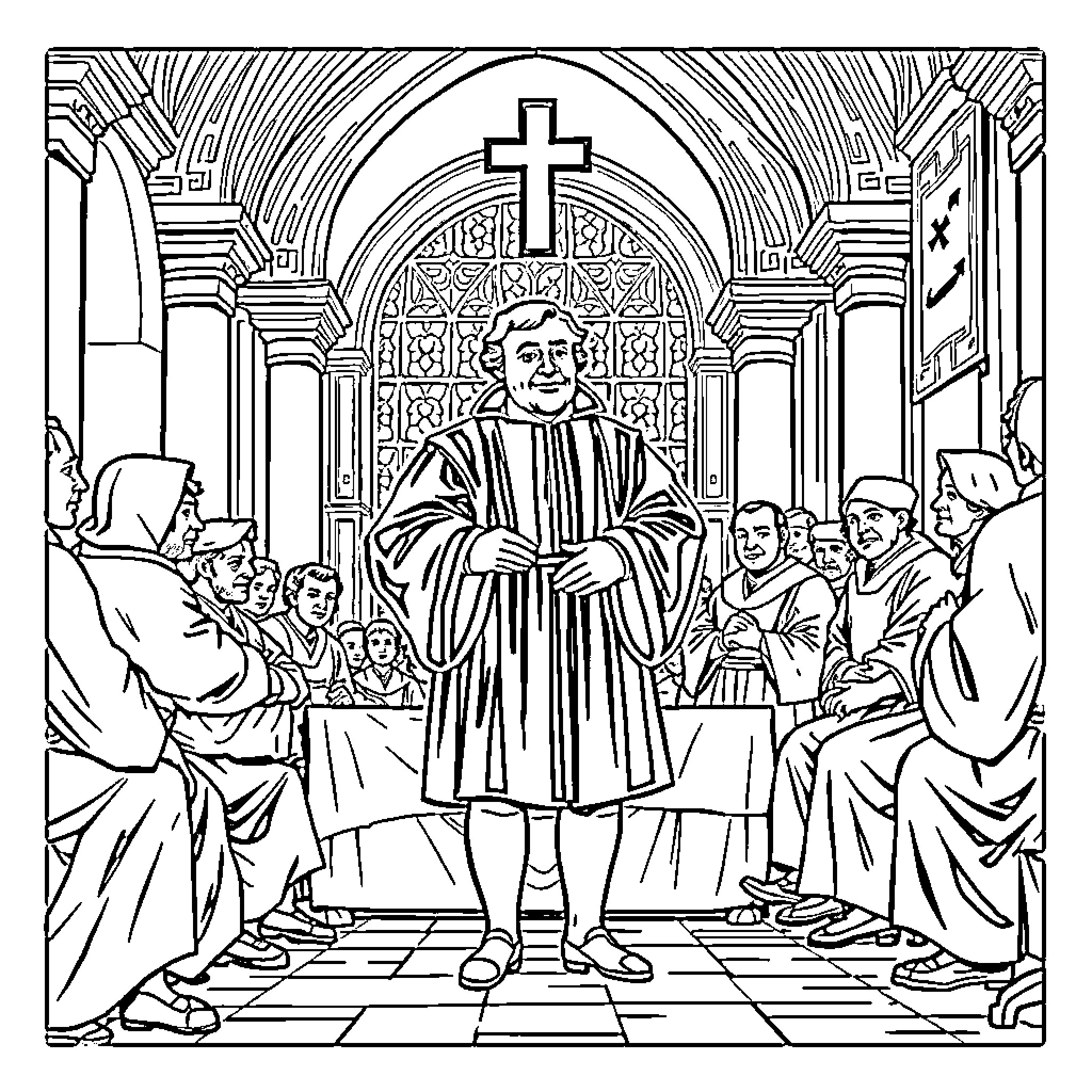 Martin Luther in a religious ceremony Coloring Page (free black-and-white line drawing printable PDF for all, from beginners to advanced learners, including children, teens, adults, and seniors)