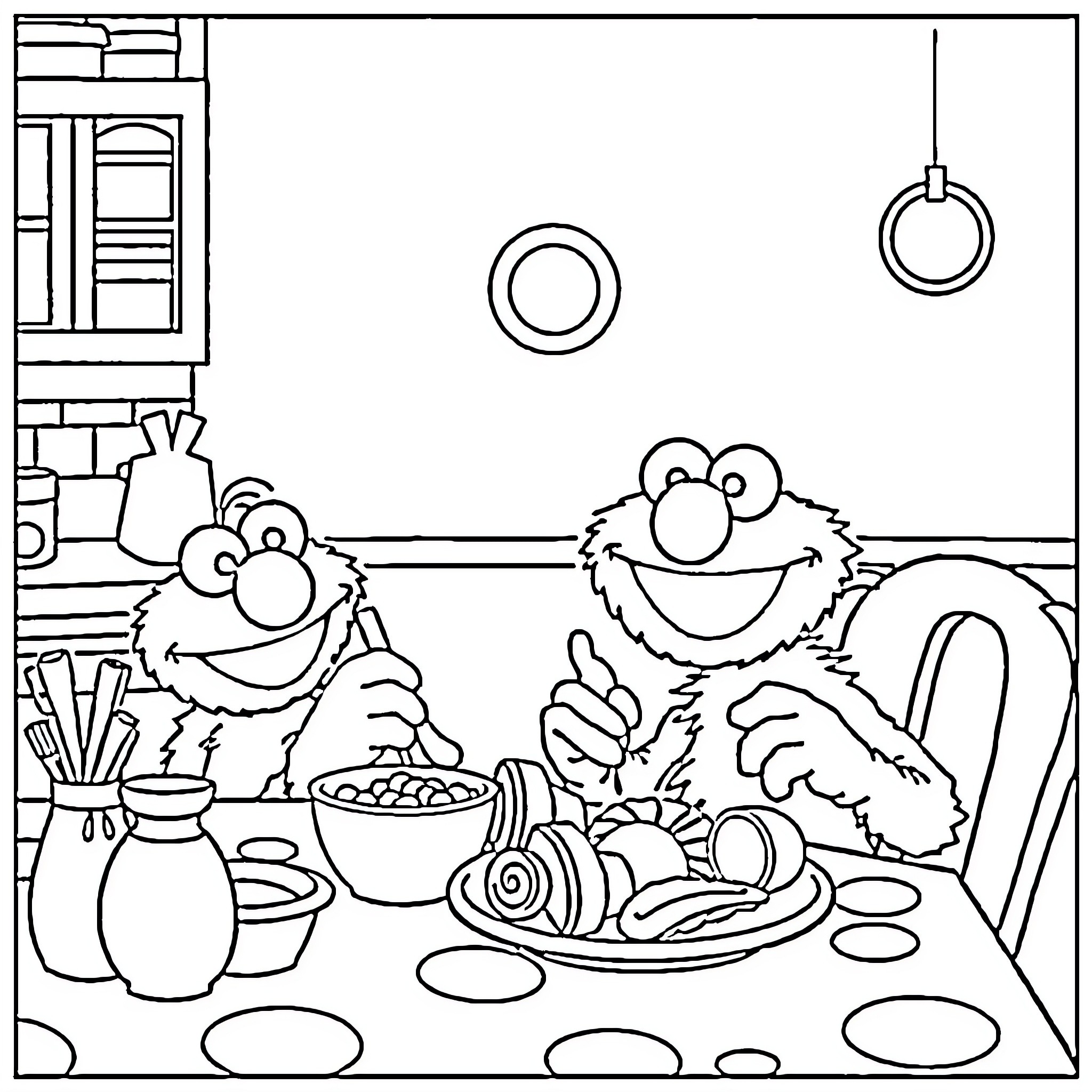 Blue Friendly Monsters Enjoy Meal in Kitchen Coloring Page (free black-and-white line drawing printable PDF for all, from beginners to advanced learners, including children, teens, adults, and seniors)