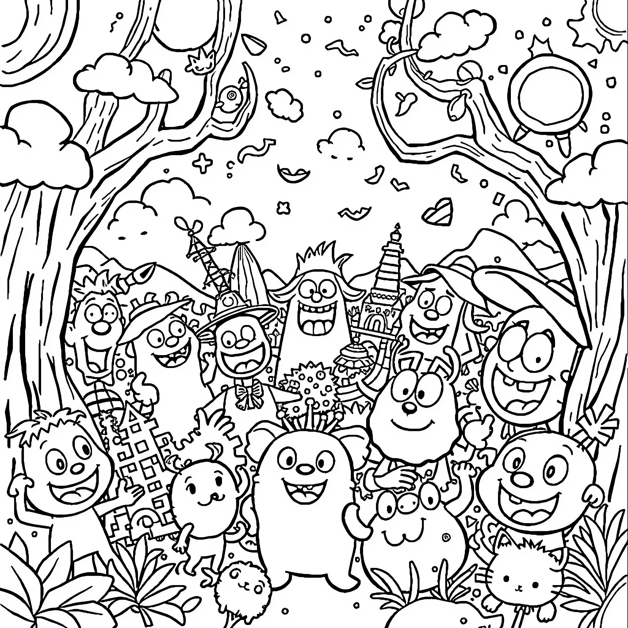 Cartoon Creatures in a Whimsical Landscape Coloring Page (free black-and-white line drawing printable PDF for all, from beginners to advanced learners, including children, teens, adults, and seniors)