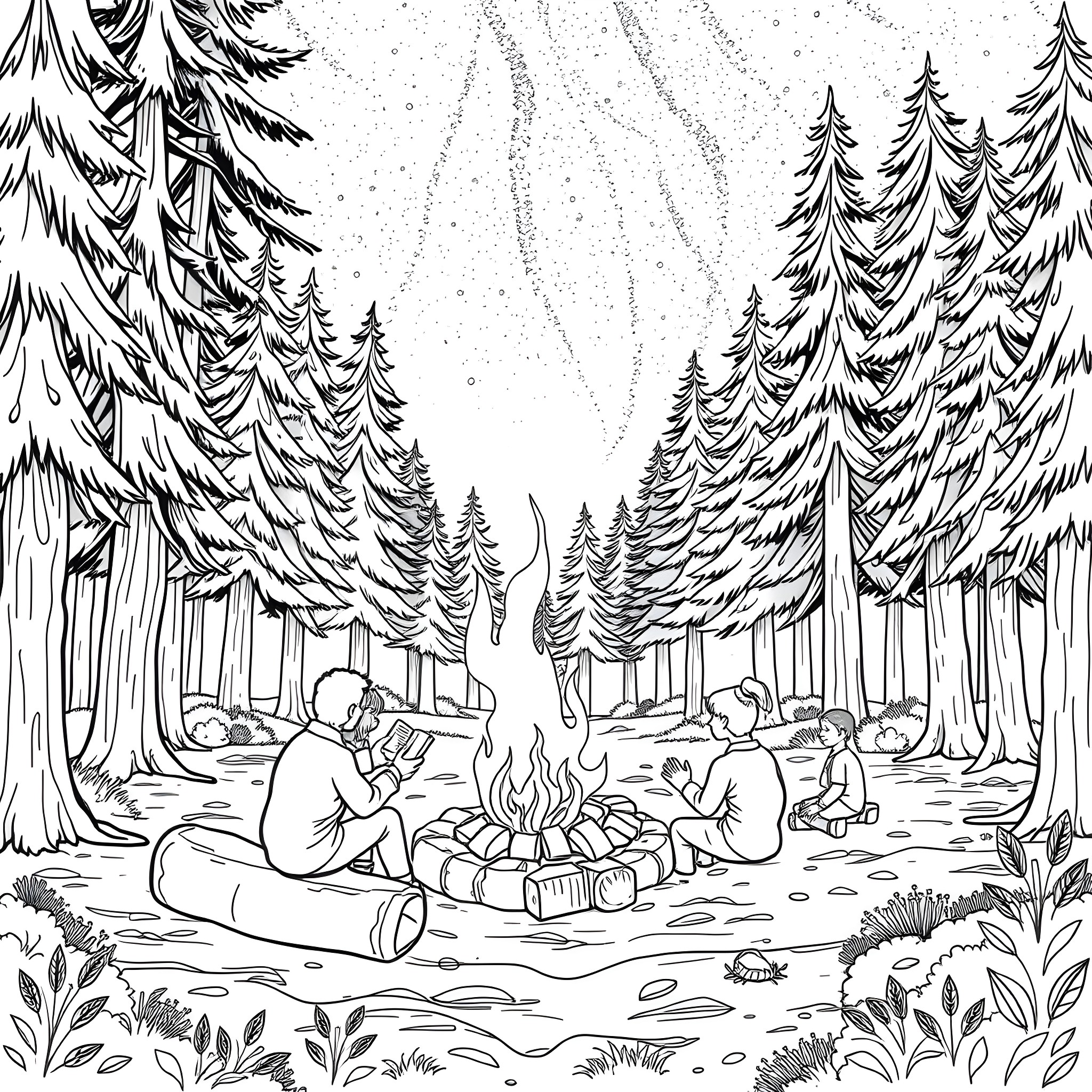 Campfire gathering in the snowy pine forest Coloring Page (free black-and-white line drawing printable PDF for all, from beginners to advanced learners, including children, teens, adults, and seniors)