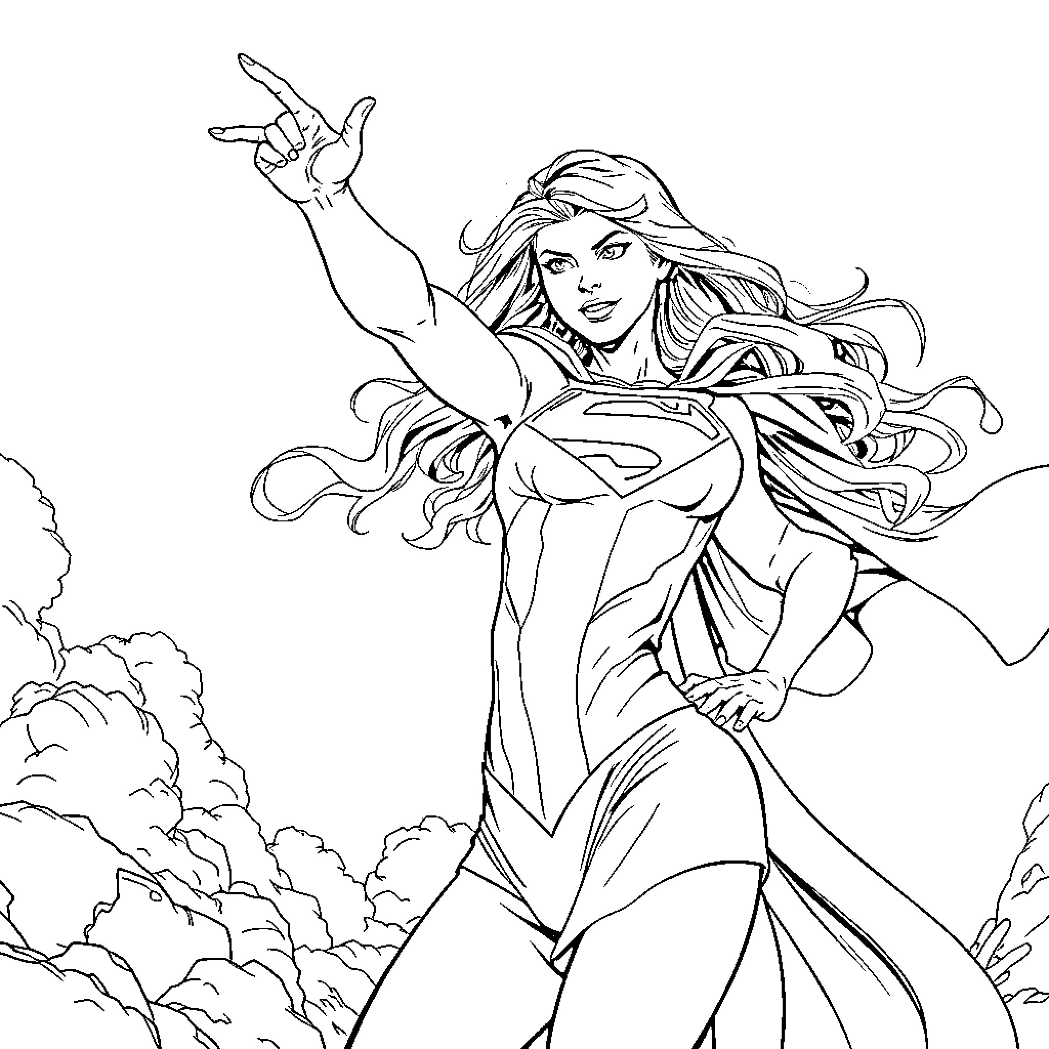 Supergirl in heroic pose, flying amidst clouds Coloring Page (free black-and-white line drawing printable PDF for all, from beginners to advanced learners, including children, teens, adults, and seniors)