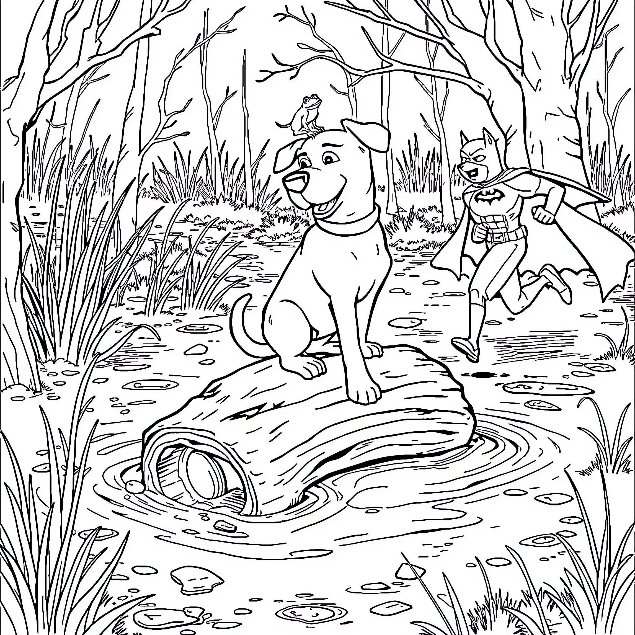 Dog splashing happily in a forest stream Coloring Page (free black-and-white line drawing printable PDF for all, from beginners to advanced learners, including children, teens, adults, and seniors)