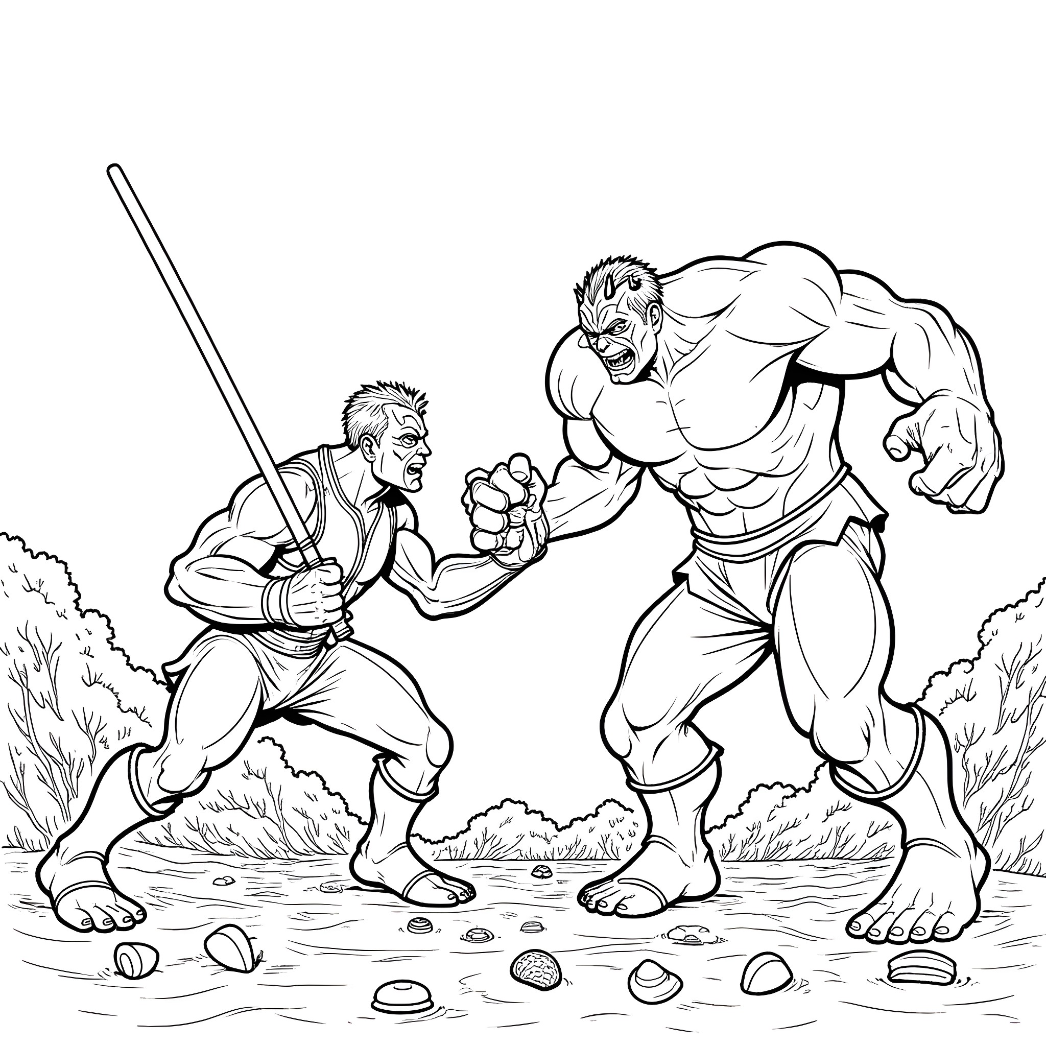 Darth Maul battles a muscular warrior in the wilderness Coloring Page (free black-and-white line drawing printable PDF for all, from beginners to advanced learners, including children, teens, adults, and seniors)