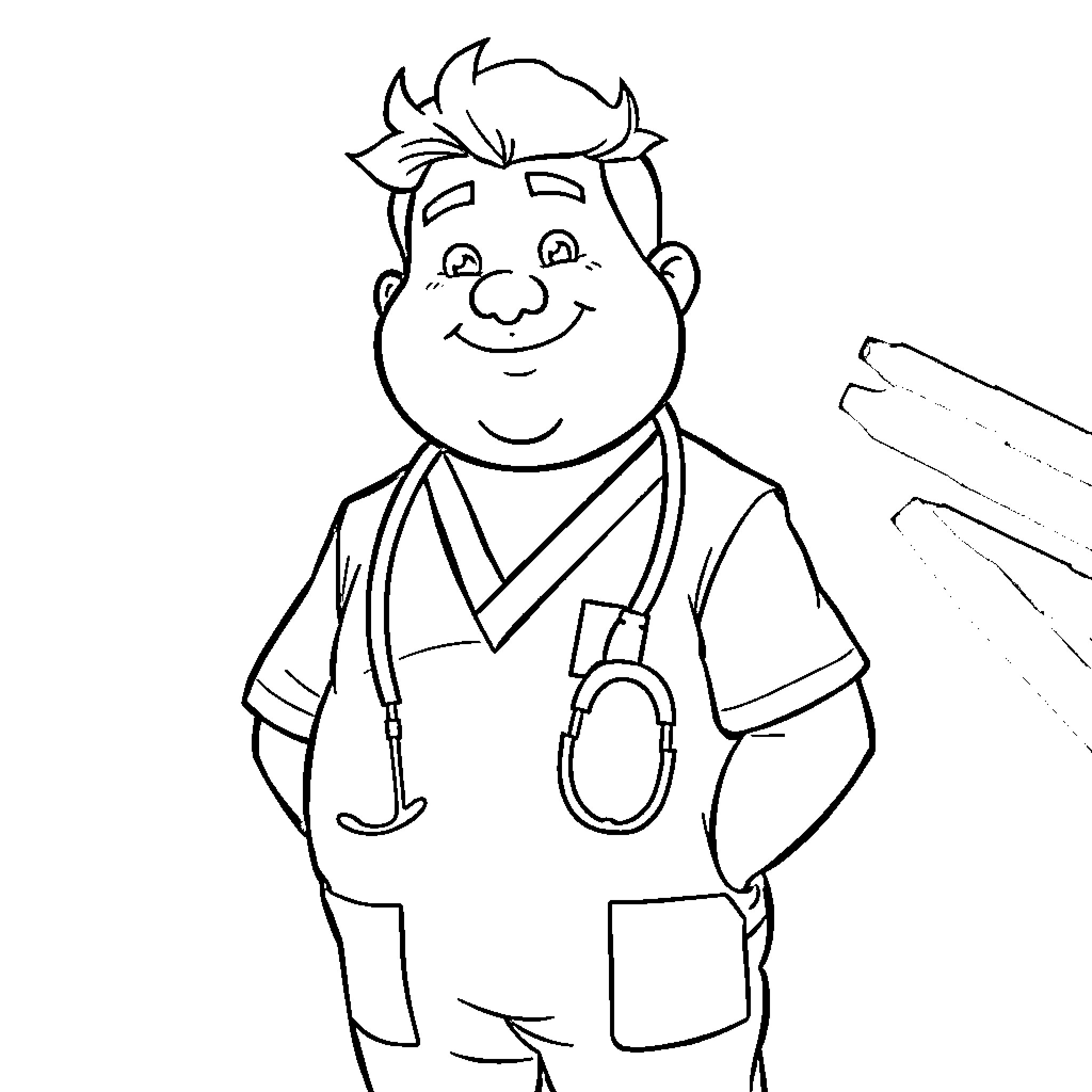 Doctor Cheerfully Attending to Patients Coloring Page (free black-and-white line drawing printable PDF for all, from beginners to advanced learners, including children, teens, adults, and seniors)
