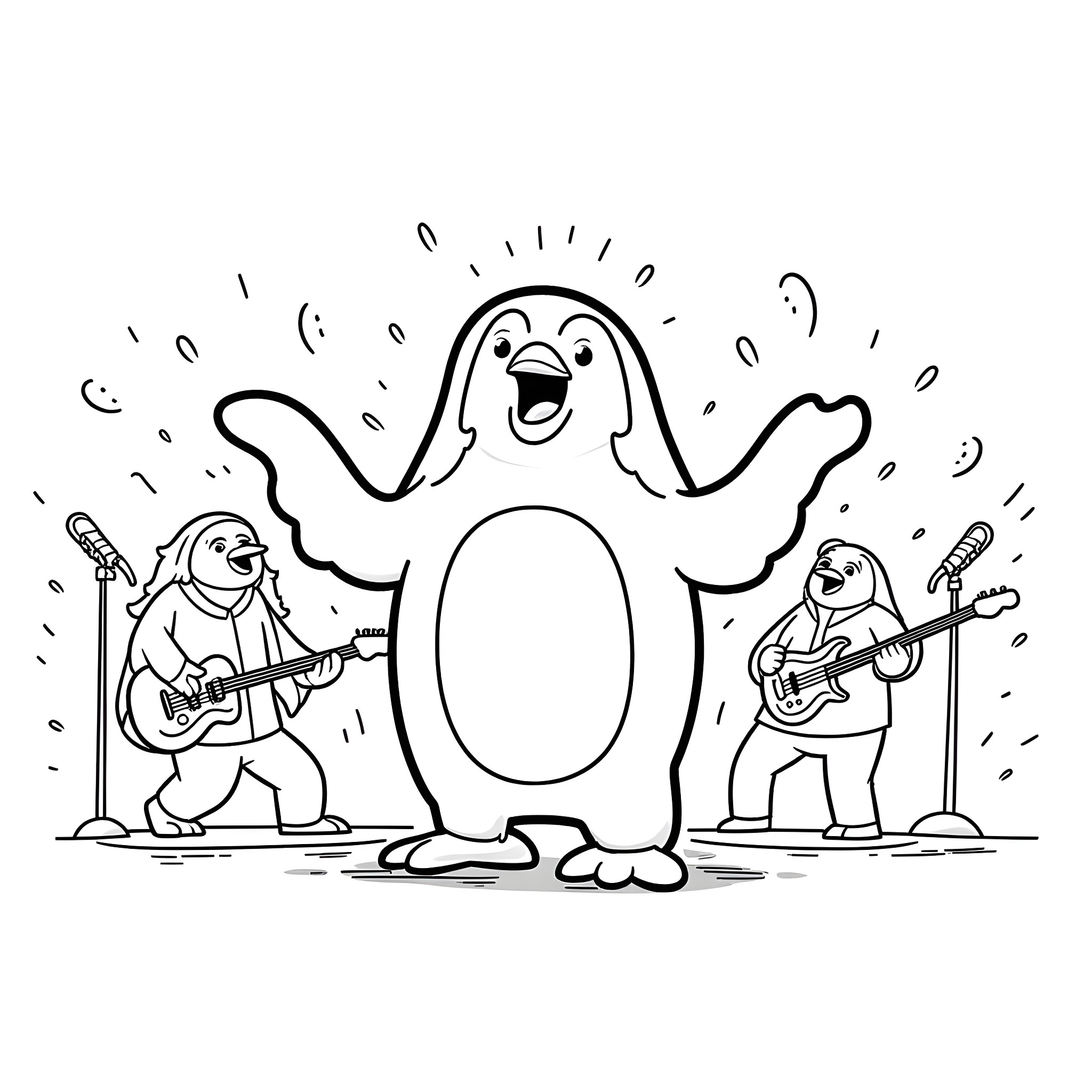 Penguin band rocking out on stage Coloring Page (free black-and-white line drawing printable PDF for all, from beginners to advanced learners, including children, teens, adults, and seniors)