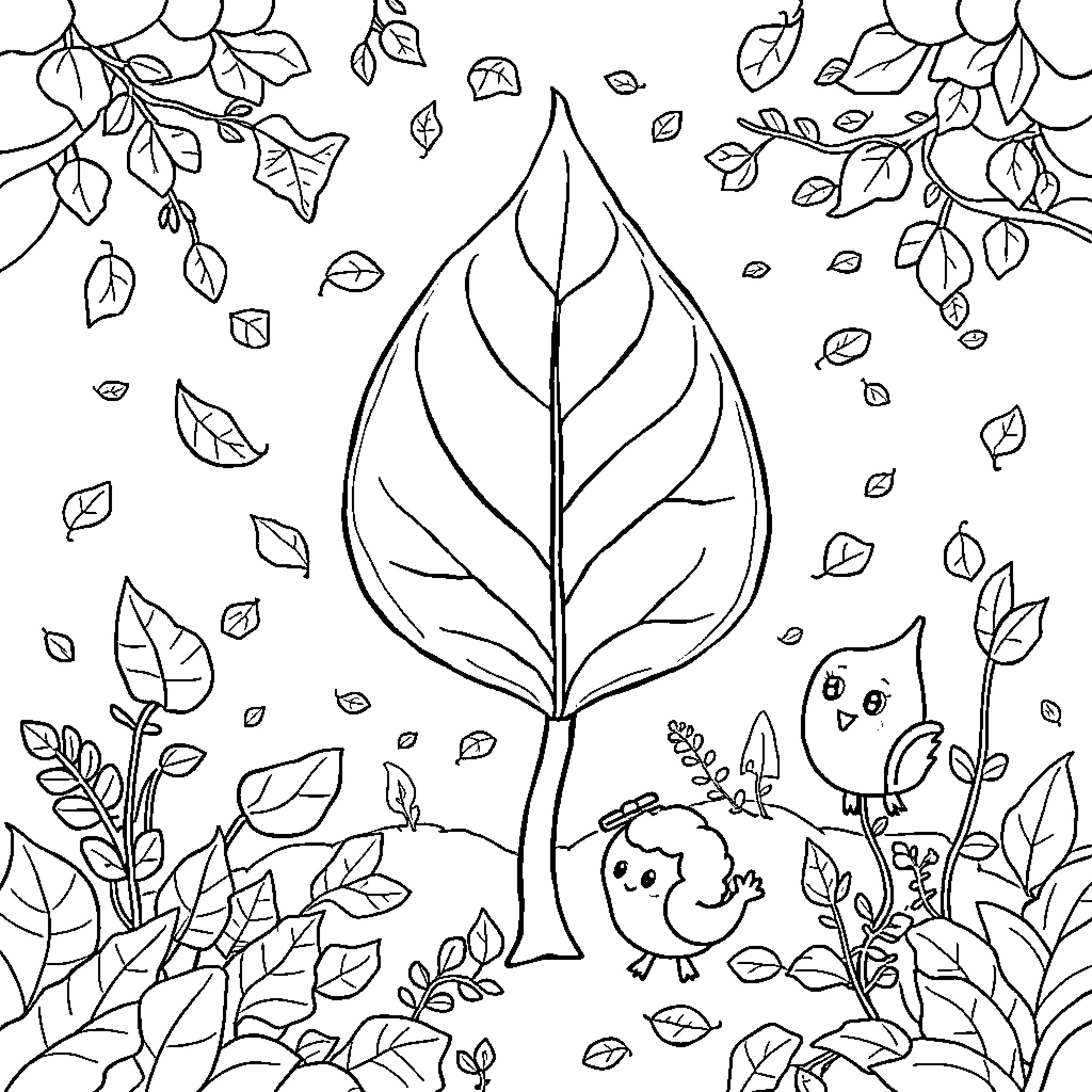 Tumble Leaf and Playful Creatures in the Forest Coloring Page (free black-and-white line drawing printable PDF for all, from beginners to advanced learners, including children, teens, adults, and seniors)