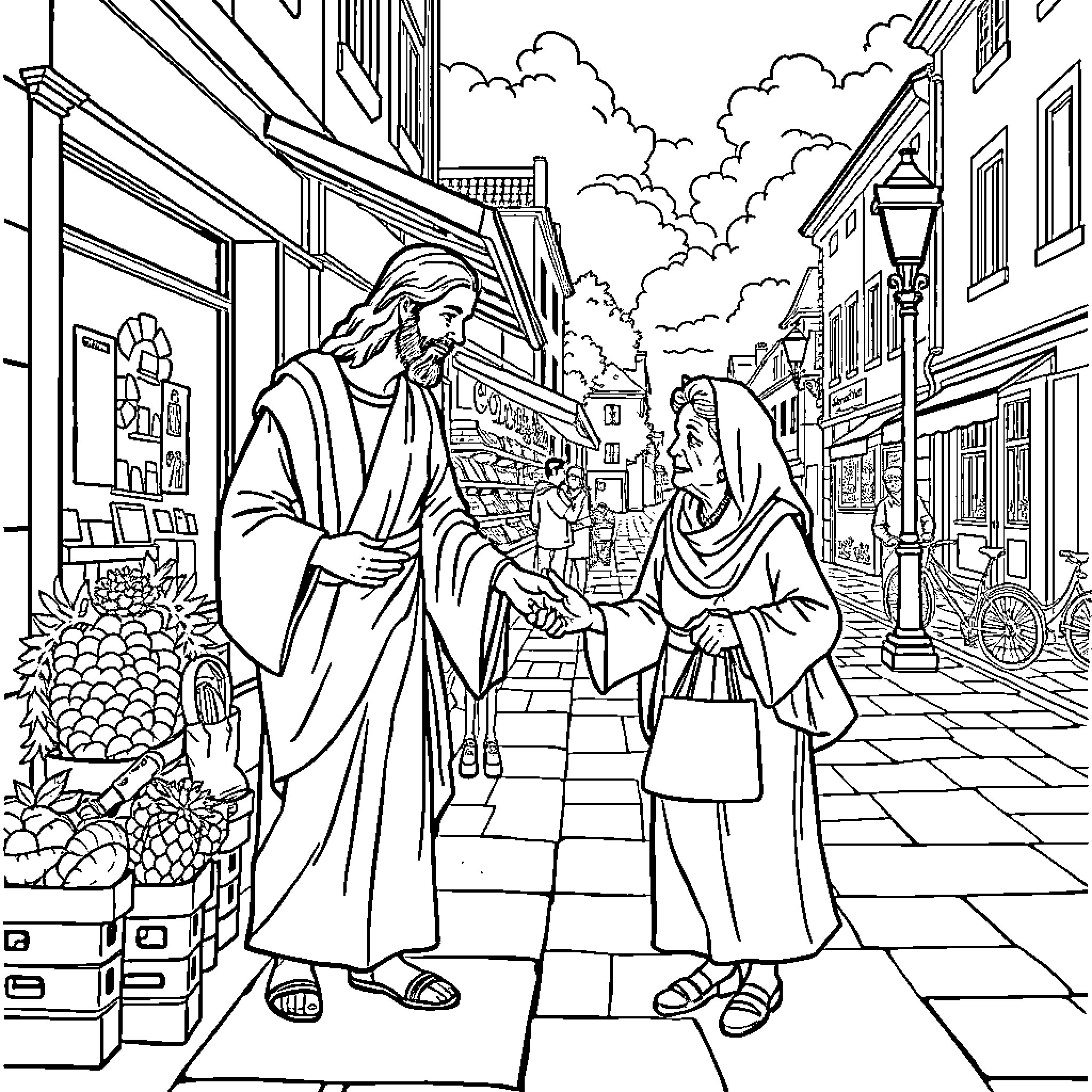 Jesus preaching and conversing with a woman on a city street Coloring Page (free black-and-white line drawing printable PDF for all, from beginners to advanced learners, including children, teens, adults, and seniors)