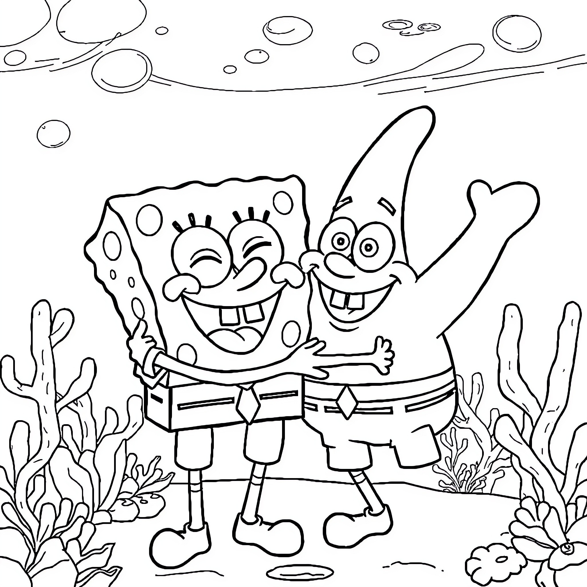 Spongebob and Patrick underwater adventure Coloring Page (free black-and-white line drawing printable PDF for all, from beginners to advanced learners, including children, teens, adults, and seniors)