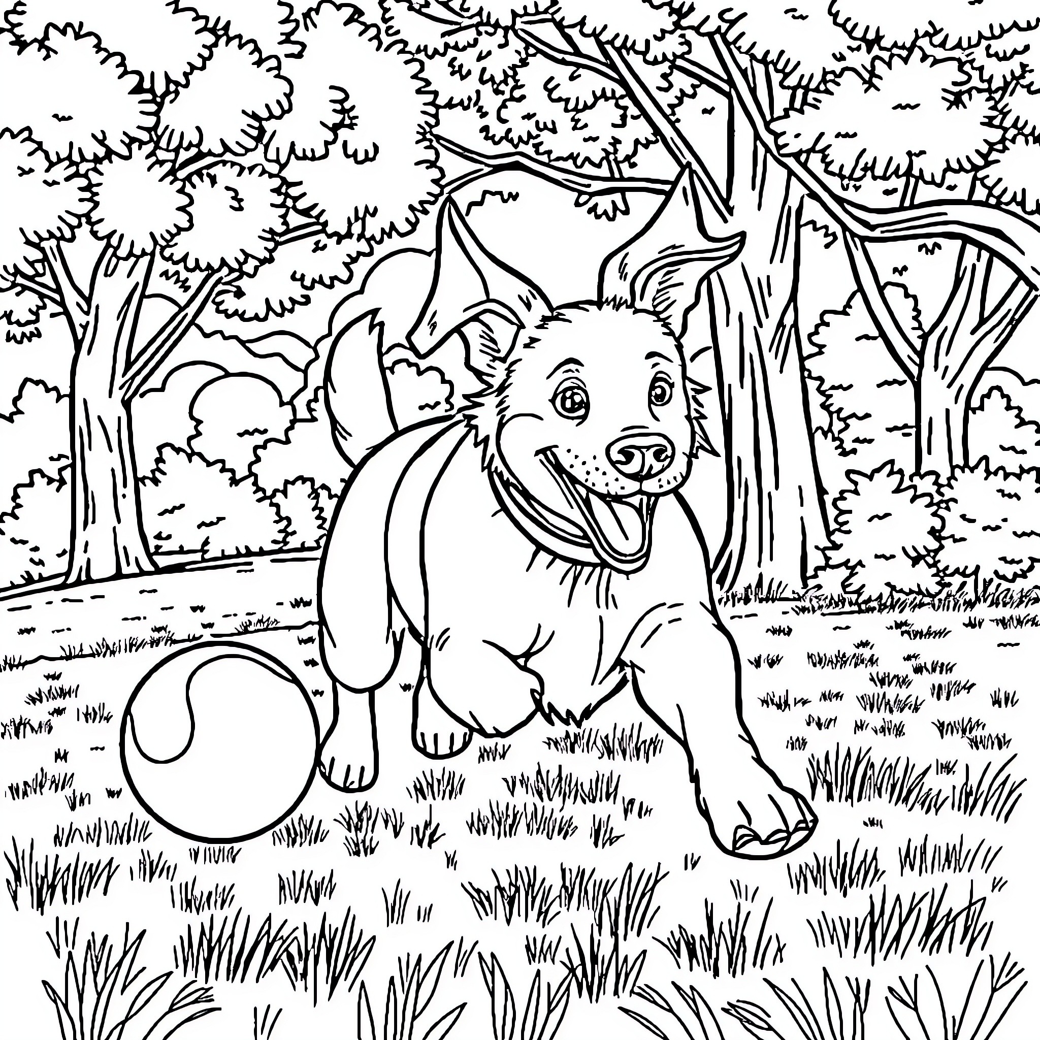 Dog playing happily in the forest Coloring Page (free black-and-white line drawing printable PDF for all, from beginners to advanced learners, including children, teens, adults, and seniors)