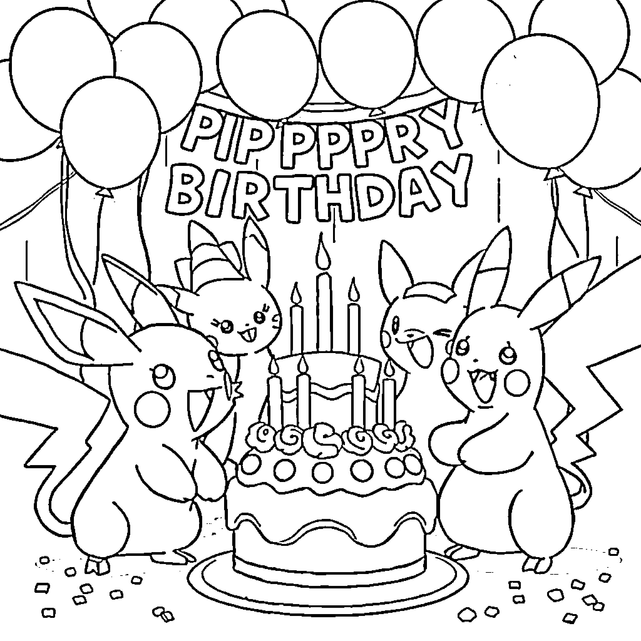 Pokémon Birthday Celebration with Pikachu Coloring Page (free black-and-white line drawing printable PDF for all, from beginners to advanced learners, including children, teens, adults, and seniors)