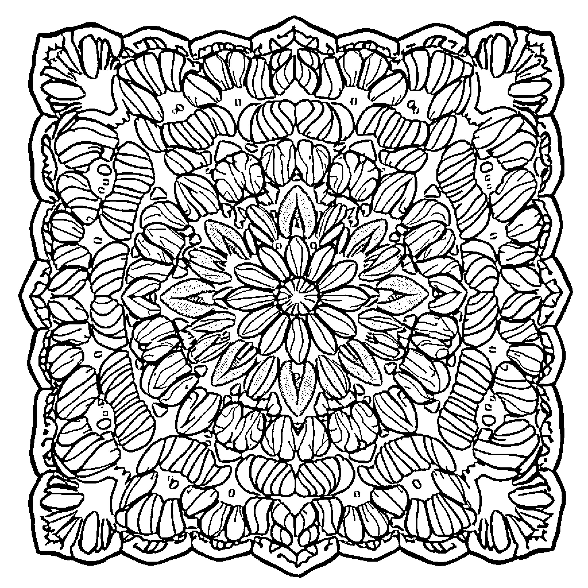 Granny Square Kaleidoscopic Floral Motif Coloring Page (free black-and-white line drawing printable PDF for all, from beginners to advanced learners, including children, teens, adults, and seniors)