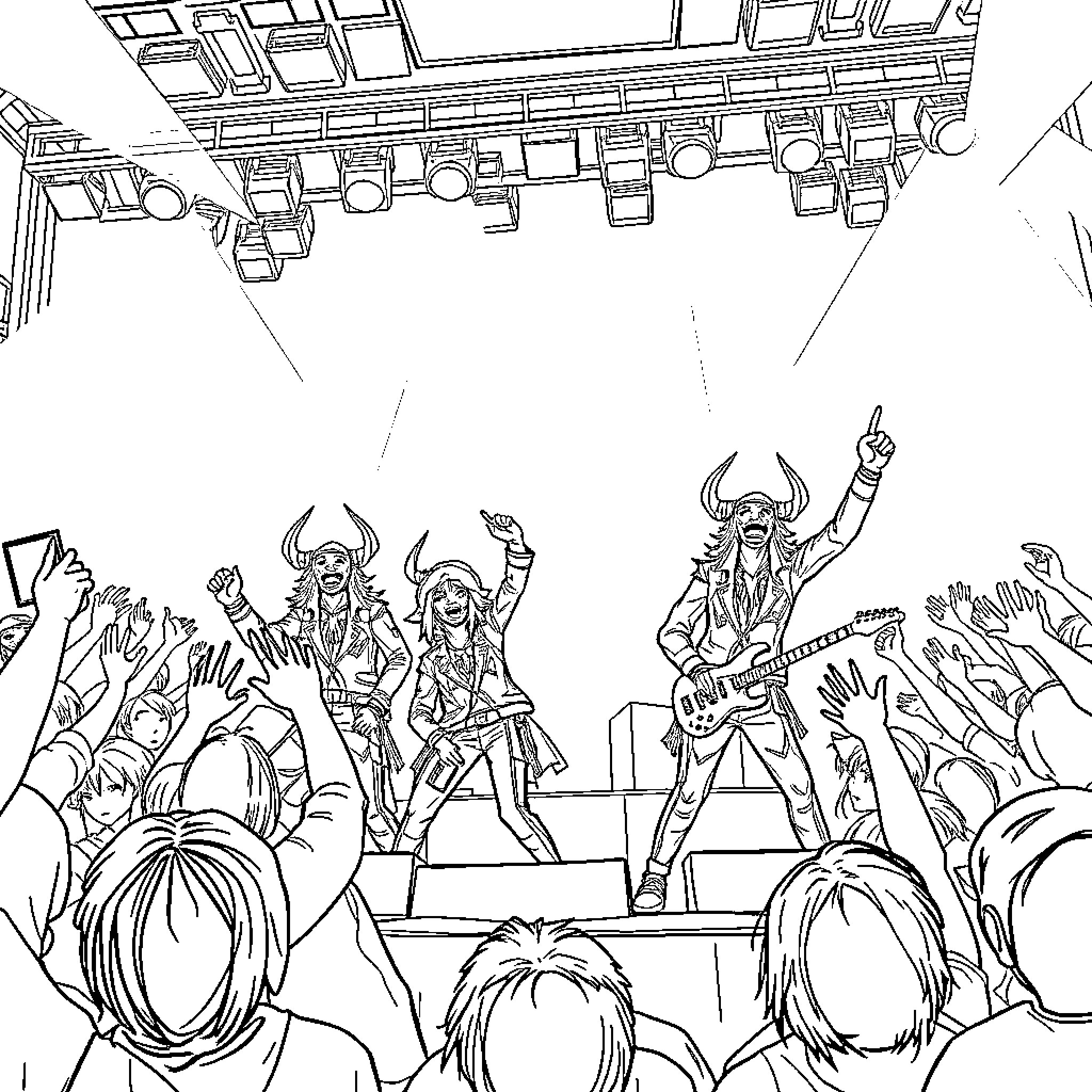 Demon Hunter Rocking Out on Stage Coloring Page (free black-and-white line drawing printable PDF for all, from beginners to advanced learners, including children, teens, adults, and seniors)