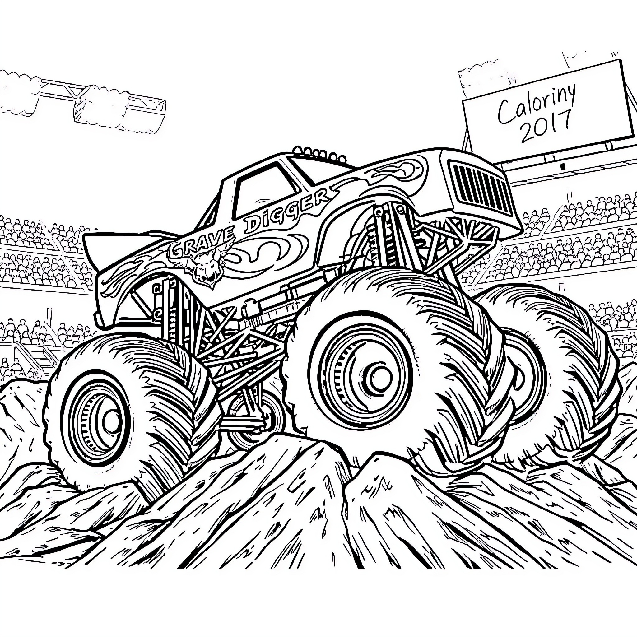 Monster Truck Crushing and Jumping Over Rocks Coloring Page (free black-and-white line drawing printable PDF for all, from beginners to advanced learners, including children, teens, adults, and seniors)