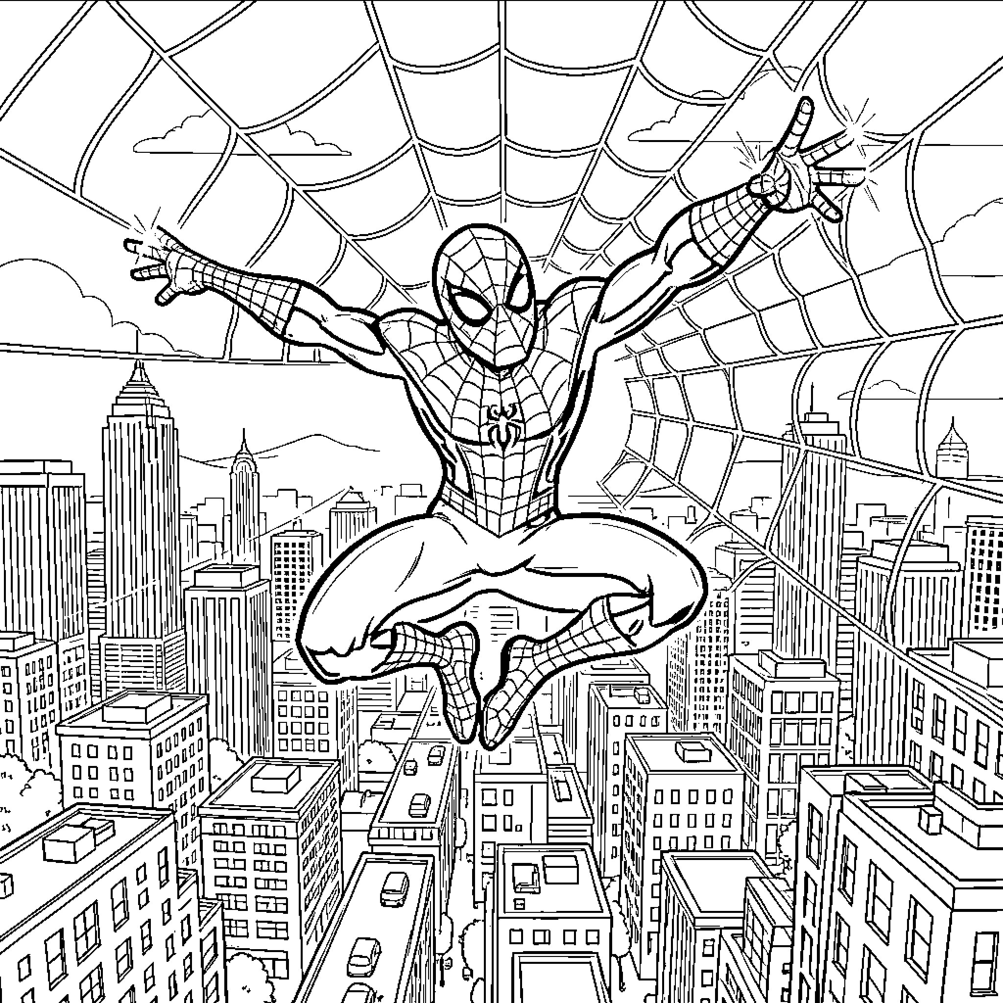 Spider-Man swinging through the city skyline Coloring Page (free black-and-white line drawing printable PDF for all, from beginners to advanced learners, including children, teens, adults, and seniors)