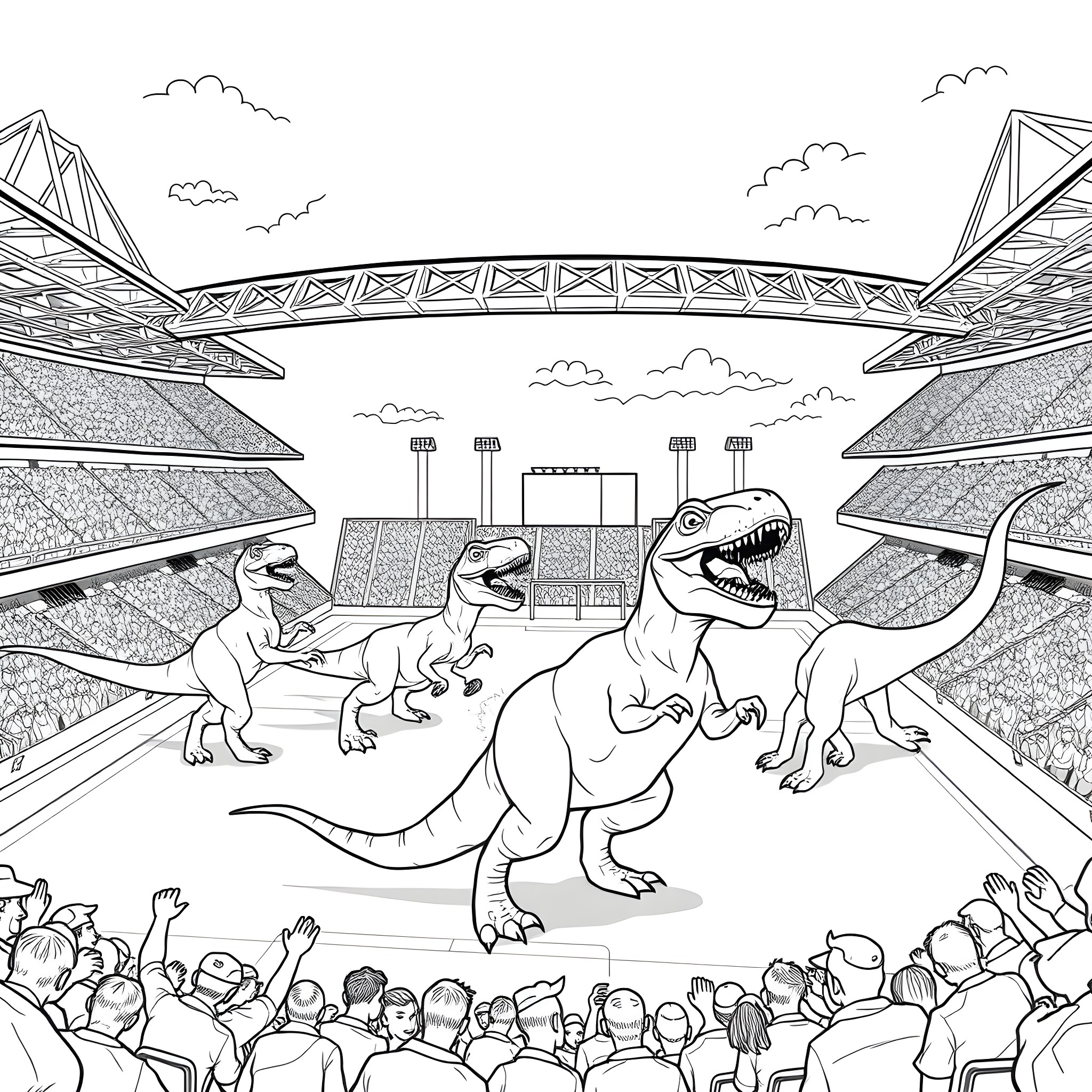 Dinosaurs Rampaging in a Lively Stadium Coloring Page (free black-and-white line drawing printable PDF for all, from beginners to advanced learners, including children, teens, adults, and seniors)