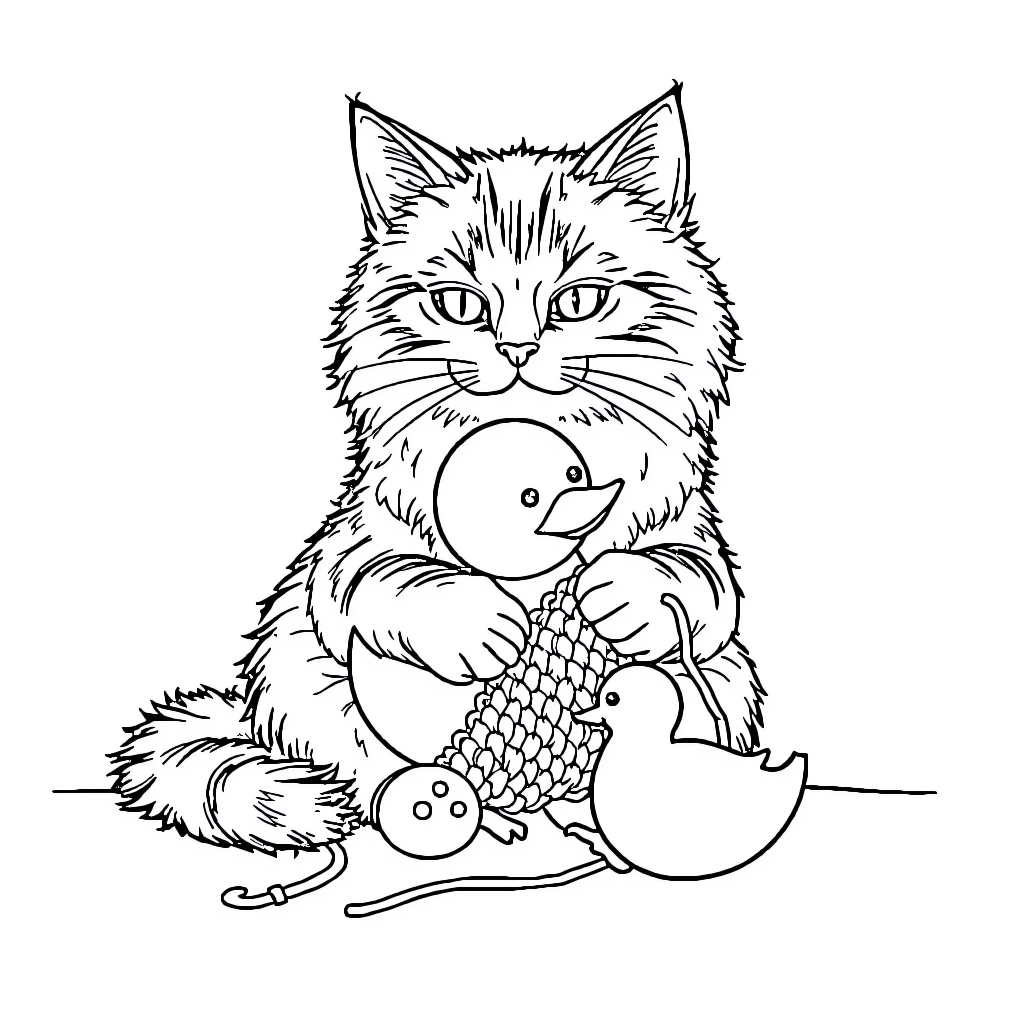 Cat with a toy fish Coloring Page (free black-and-white line drawing printable PDF for all, from beginners to advanced learners, including children, teens, adults, and seniors)