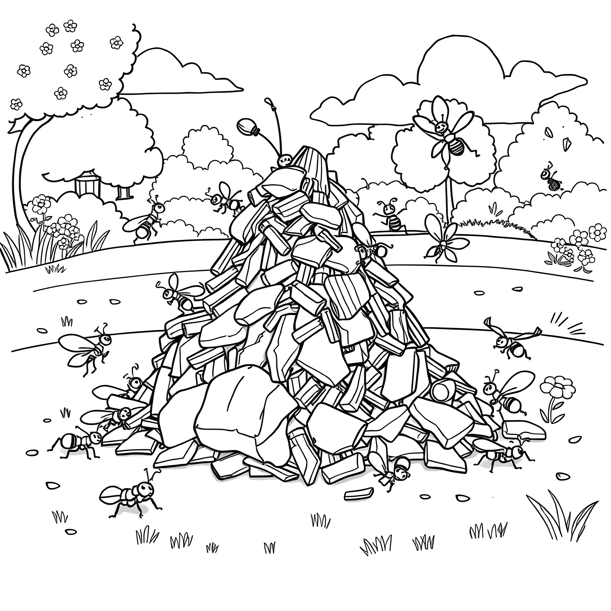 Poo creature piling up in the garden Coloring Page (free black-and-white line drawing printable PDF for all, from beginners to advanced learners, including children, teens, adults, and seniors)