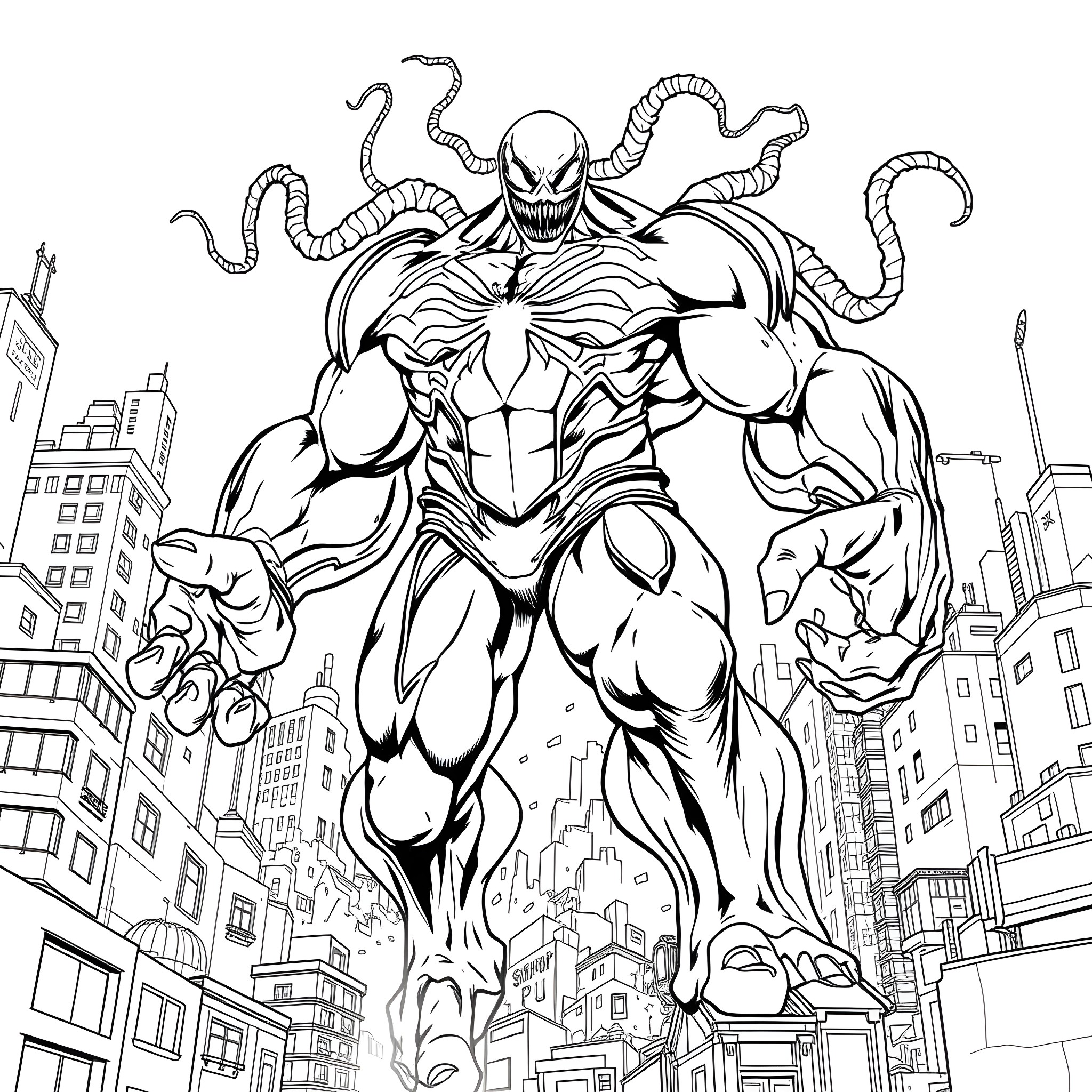 Venom Hulk terrorizing the city Coloring Page (free black-and-white line drawing printable PDF for all, from beginners to advanced learners, including children, teens, adults, and seniors)