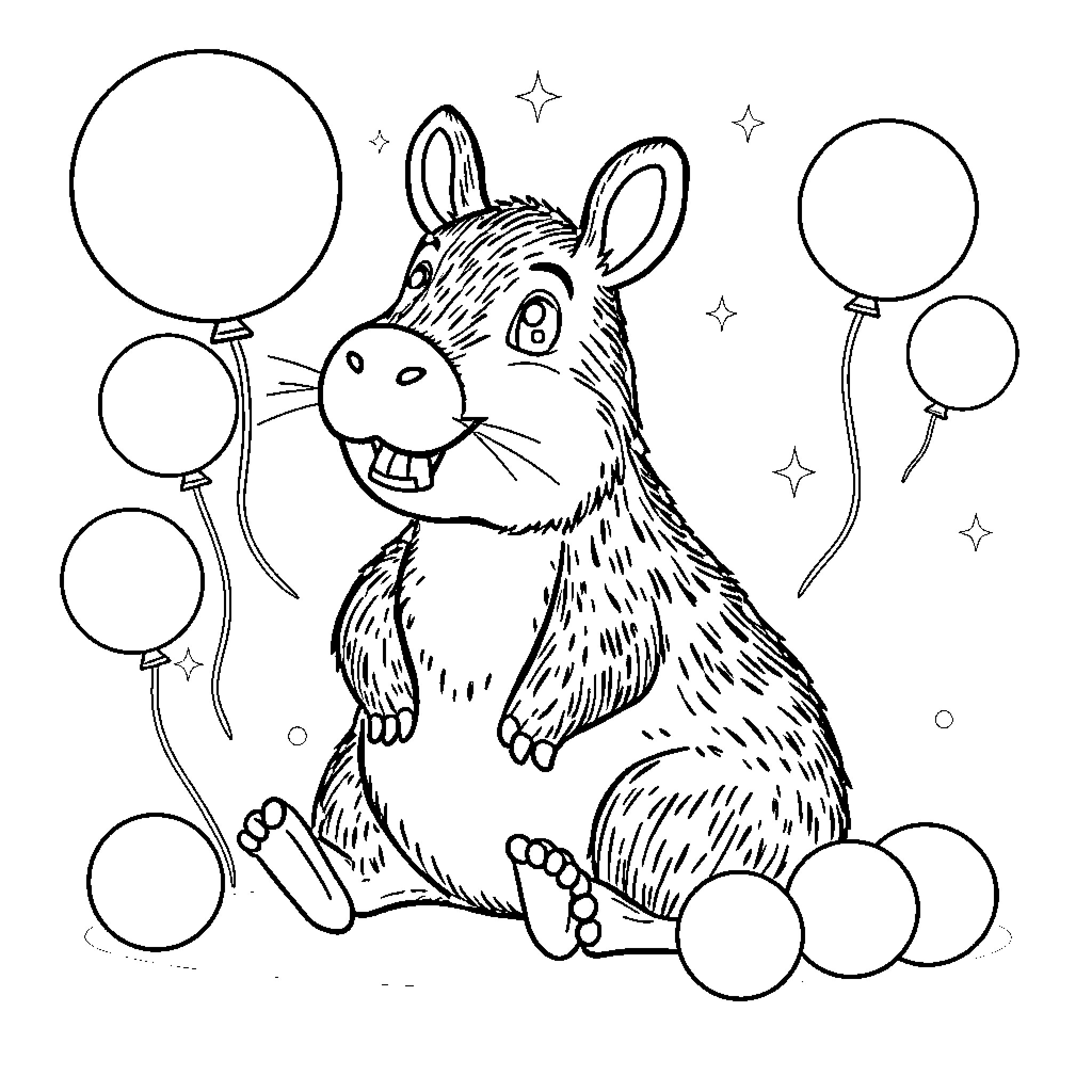 Capybara playing with balloons Coloring Page (free black-and-white line drawing printable PDF for all, from beginners to advanced learners, including children, teens, adults, and seniors)