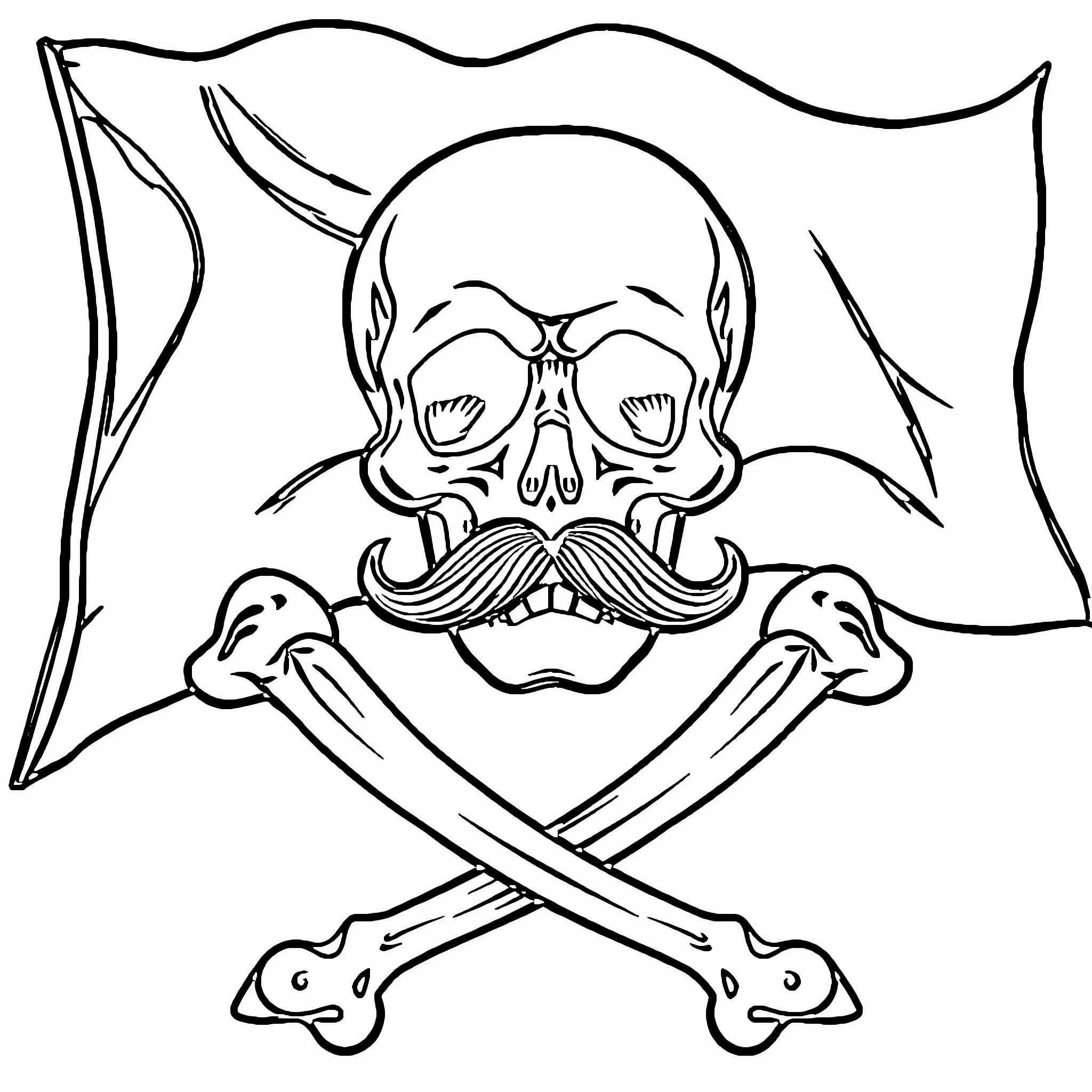 Jolly Roger with Skull, Mustache, and Crossbones Coloring Page (free black-and-white line drawing printable PDF for all, from beginners to advanced learners, including children, teens, adults, and seniors)